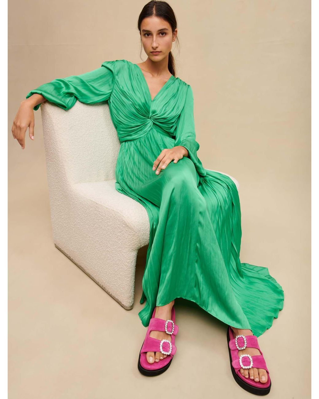 Maje Woman's Polyester Long Draped Satiny Dress For Spring/summer, Size