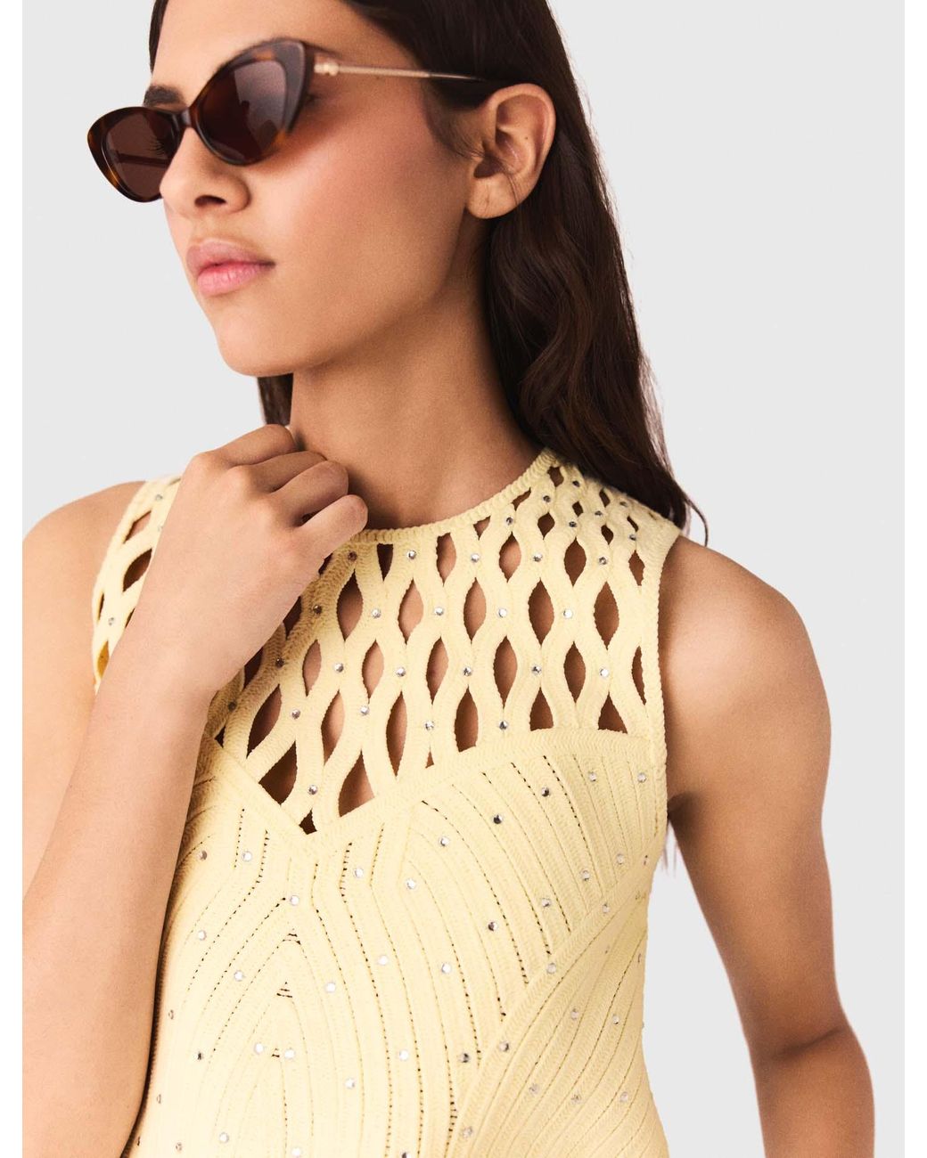 Maje Natural Crochet Rhinestone Top