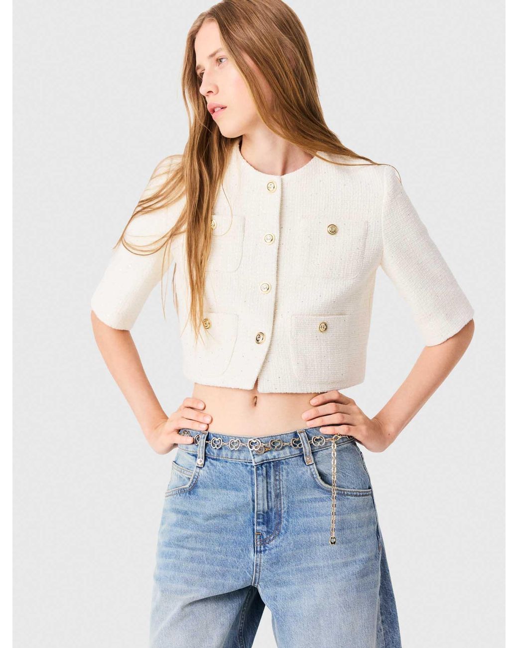 Maje Blue Short-Sleeved Tweed Jacket