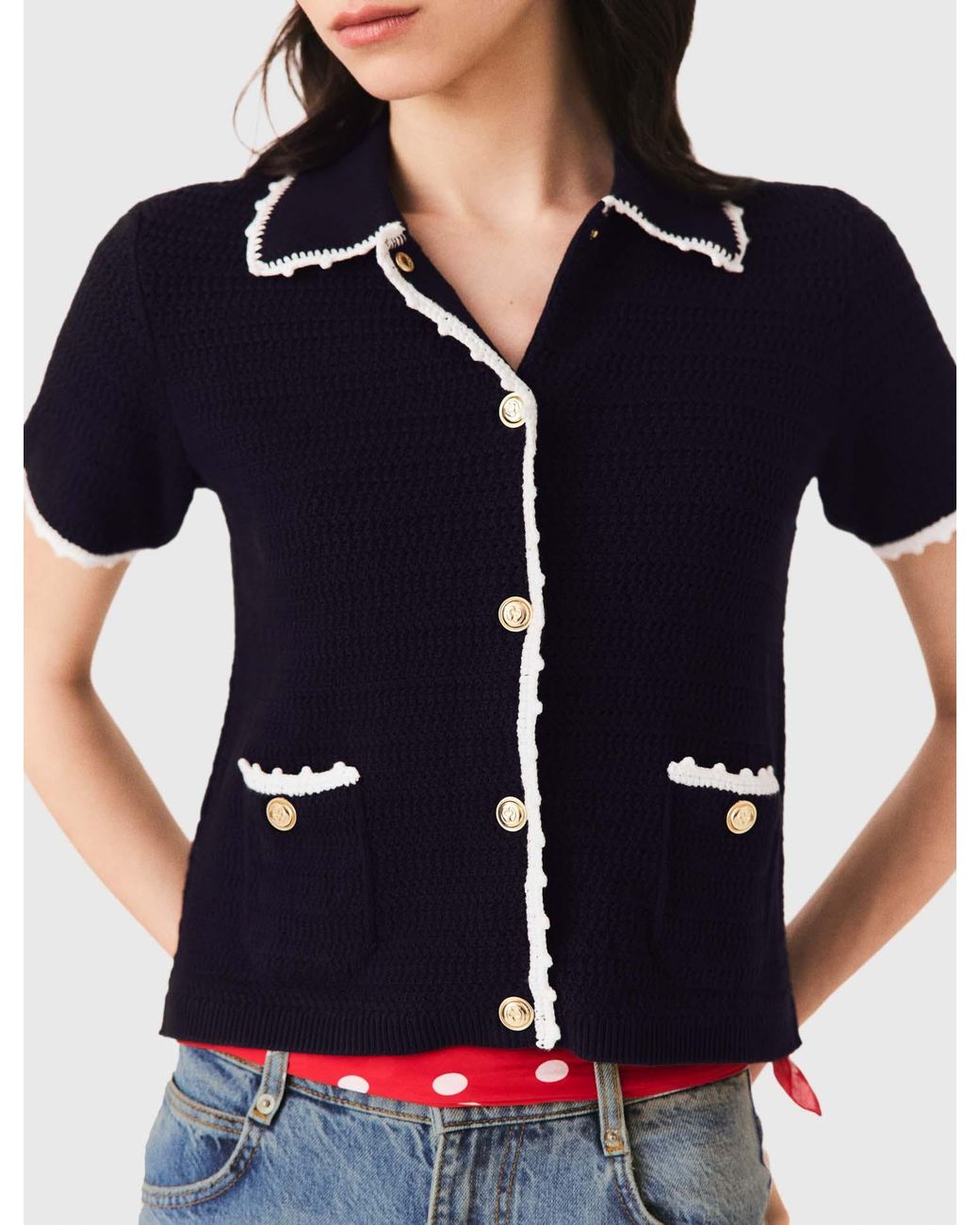 Maje Blue Cardigan With Crochet Trim