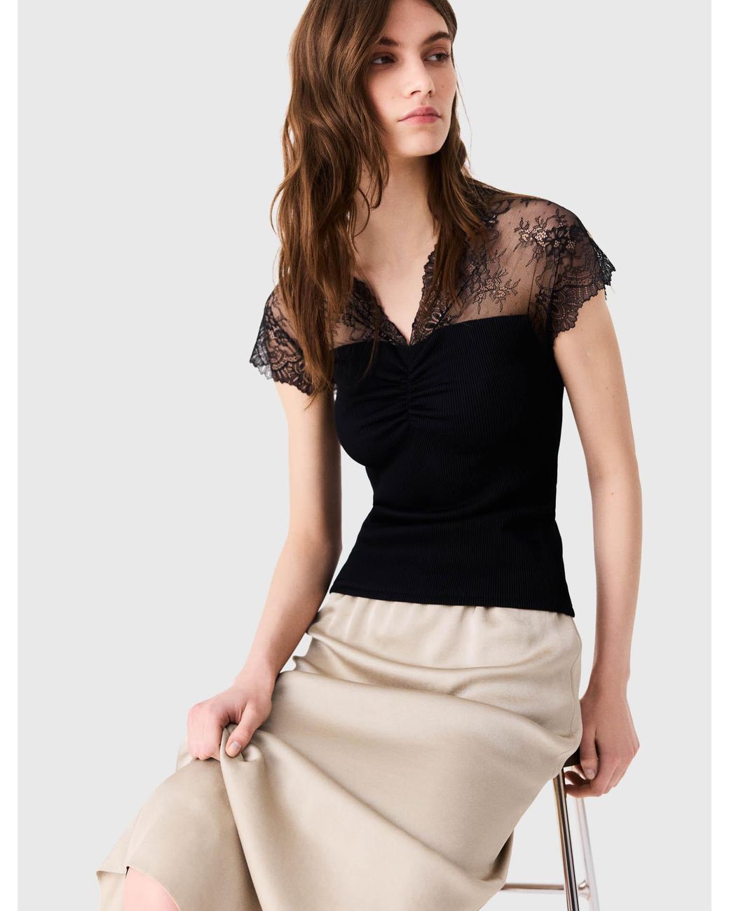 Maje Natural Jersey Top With Lace Trim