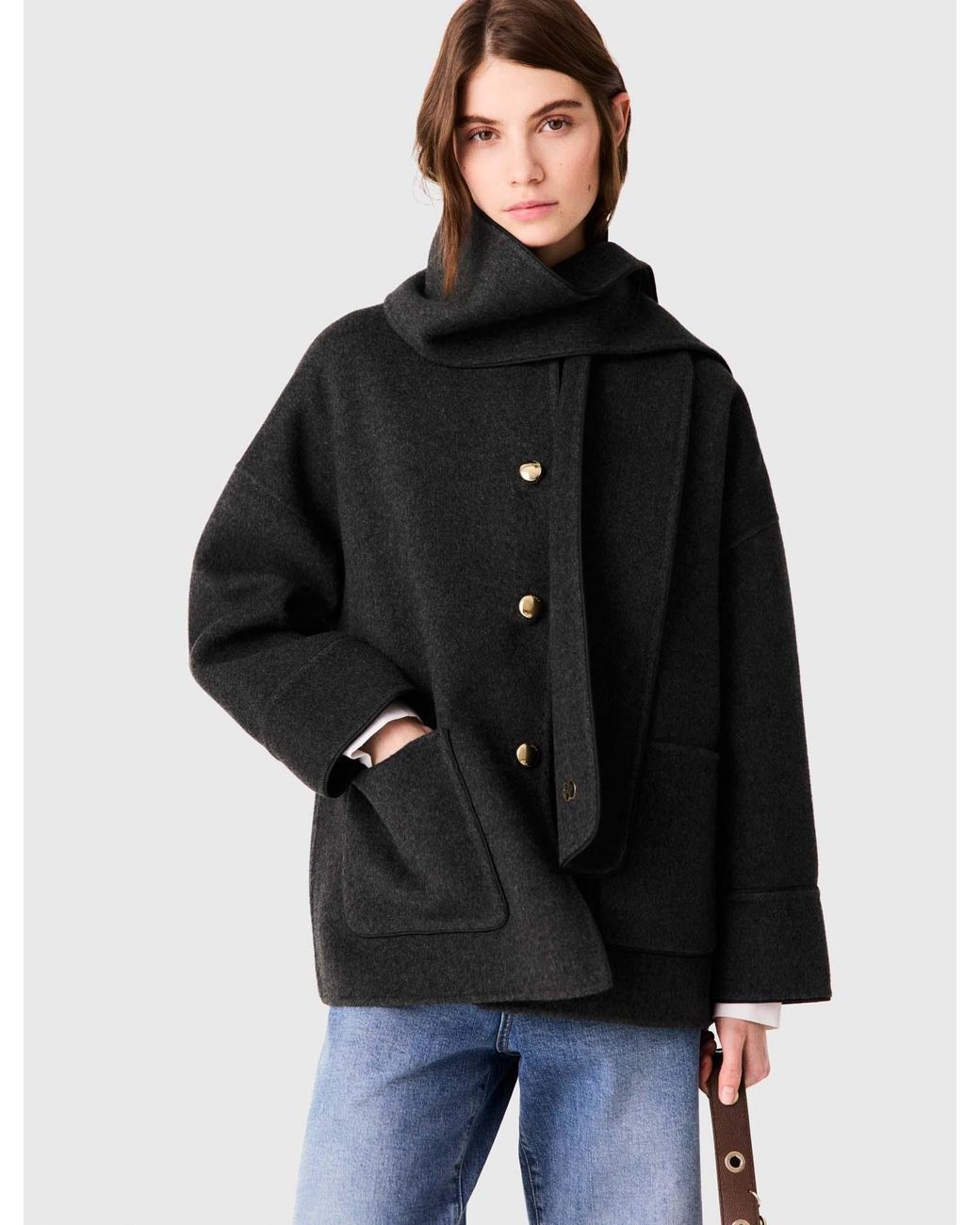 Maje Blue Coat With Removable Scarf