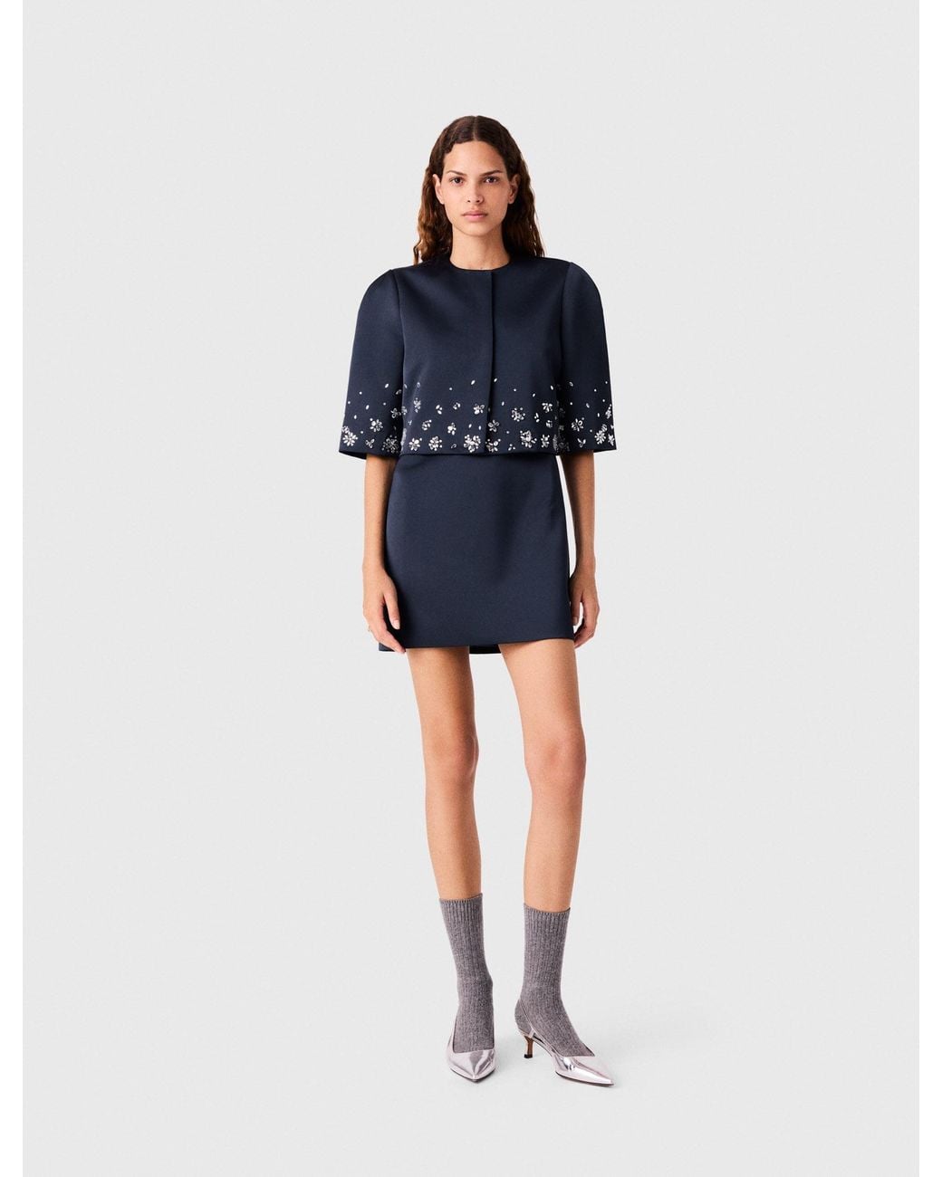 Maje Blue Short Embroidered Satin Jacket