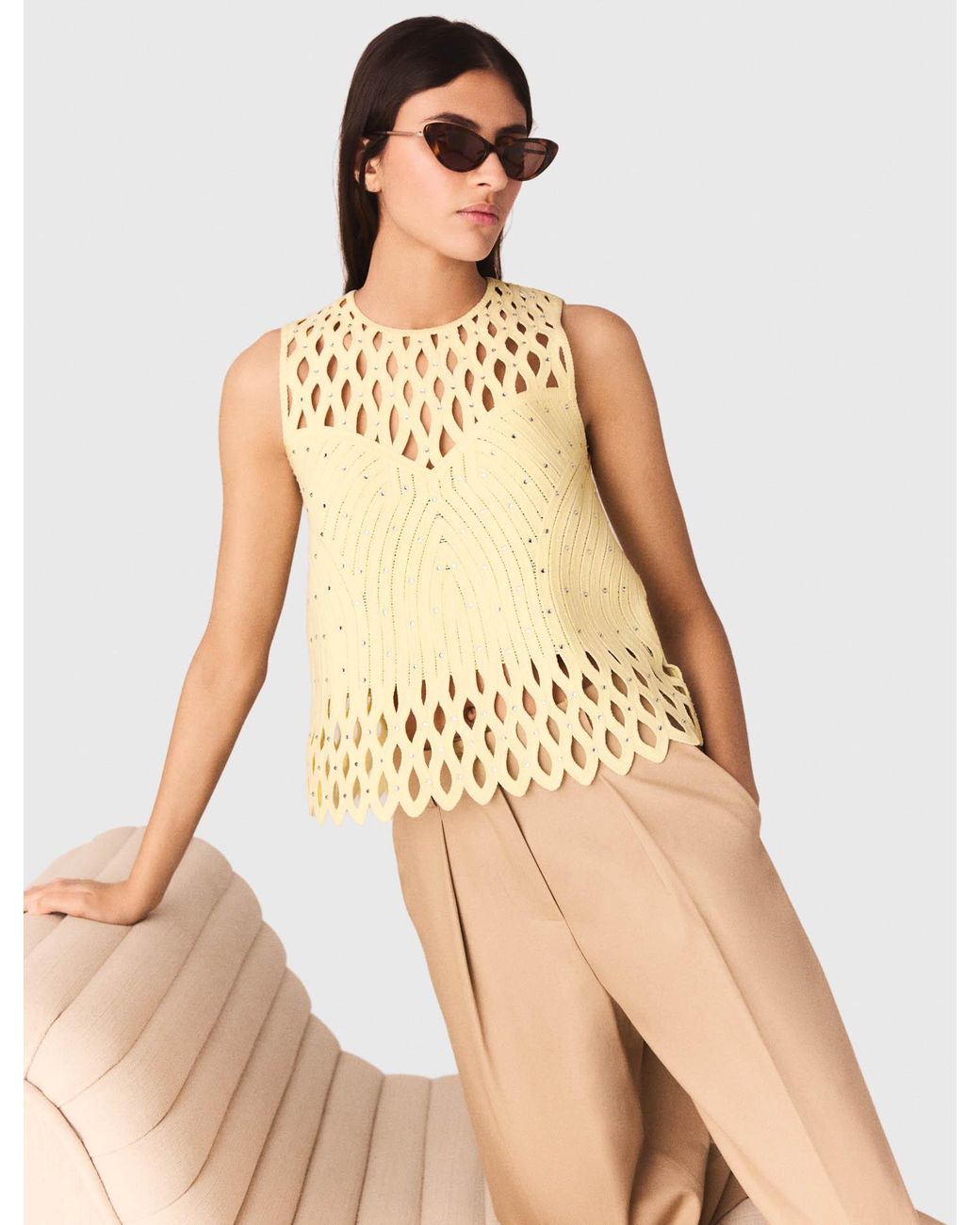 Maje Natural Crochet Rhinestone Top