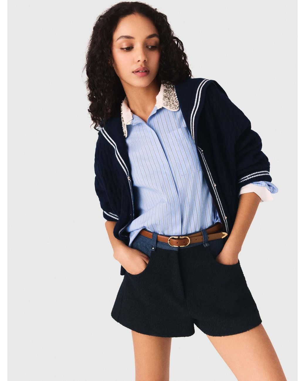Maje Blue Tweed Shorts With Denim Details