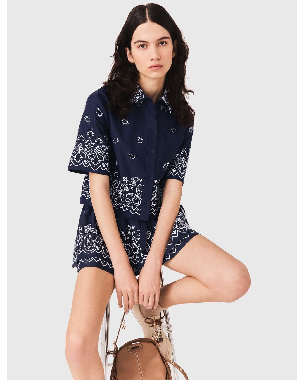 Maje Blue Cropped Embroidered Bandana Print Shirt