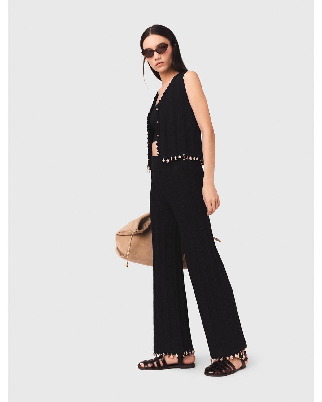 Maje White Jewelled Knit Trousers