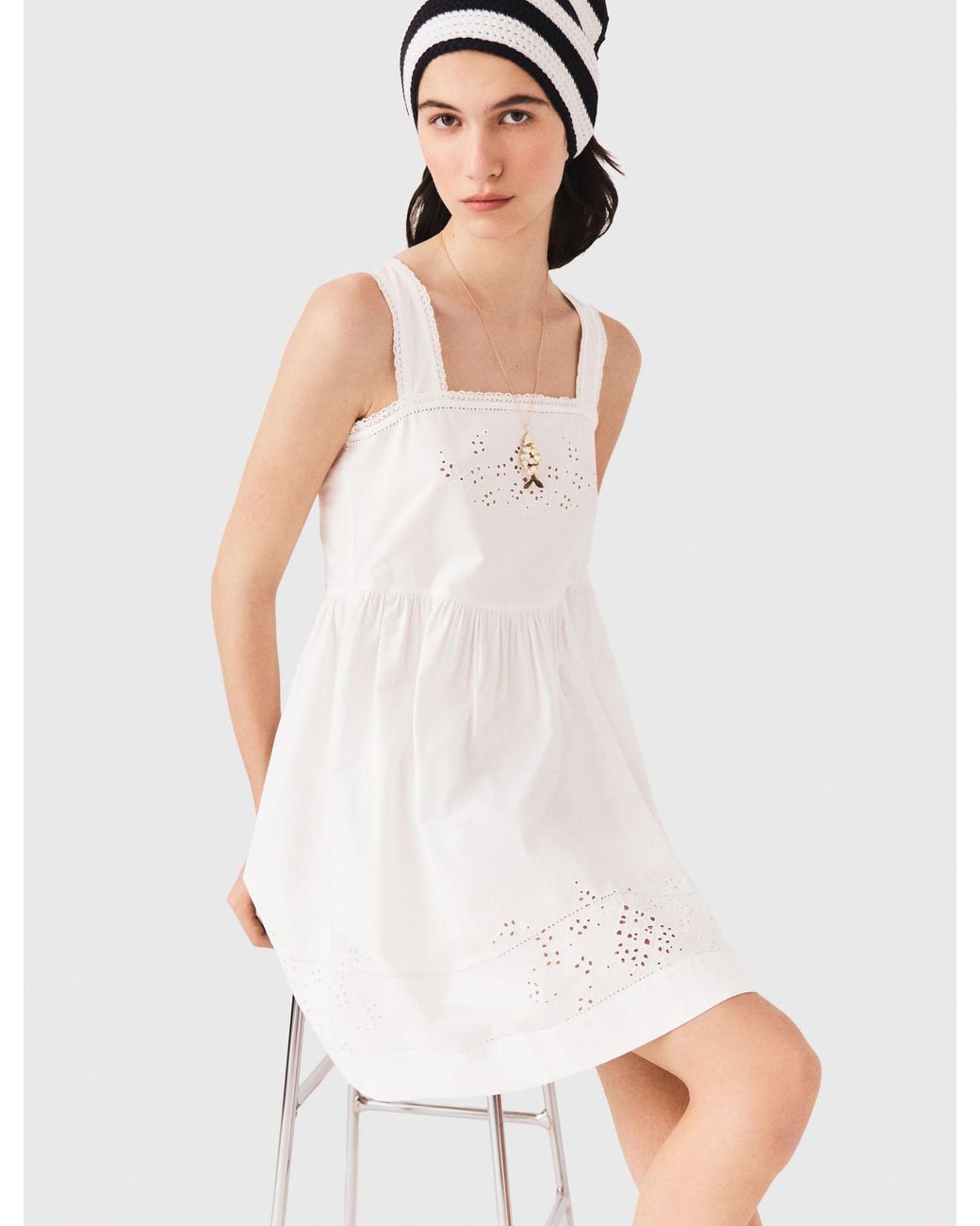 Maje White Short Dress With Lace Trim