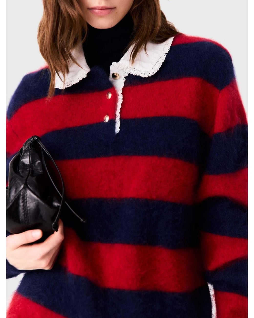 Maje Red Fluffy Jumper With Poplin Collar