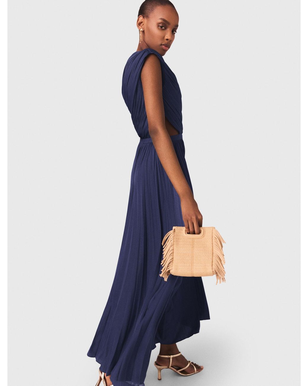 Maje Blue Asymmetrical Pleated Maxi Dress