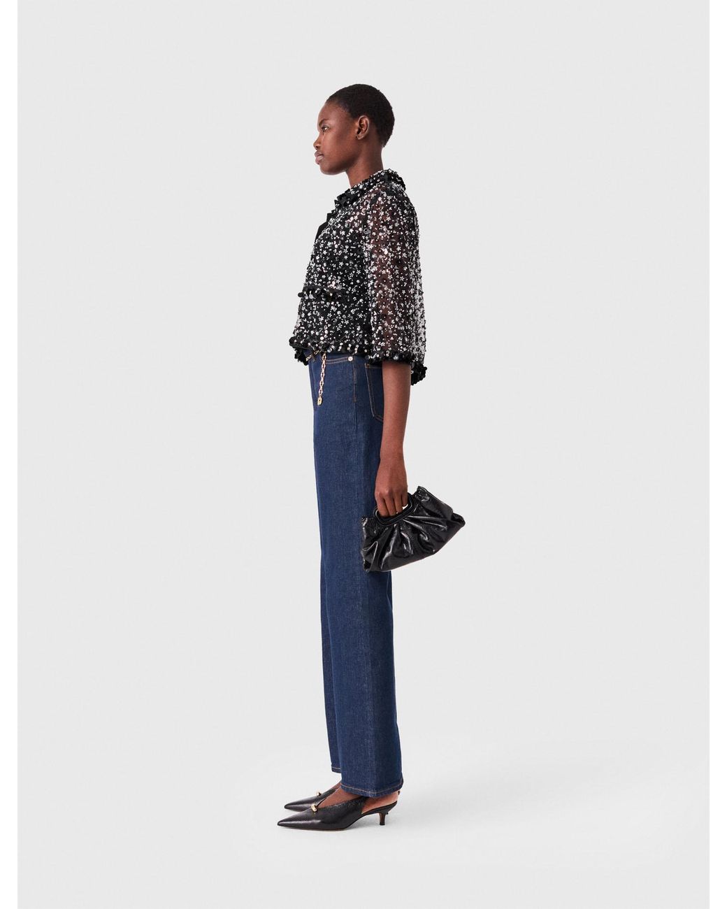 Maje Blue Floral Rhinestone Polo