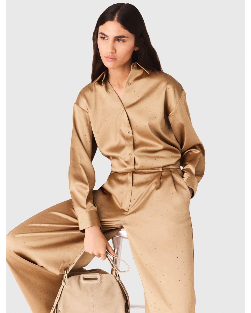 Maje Natural Rhinestone Satin Shirt