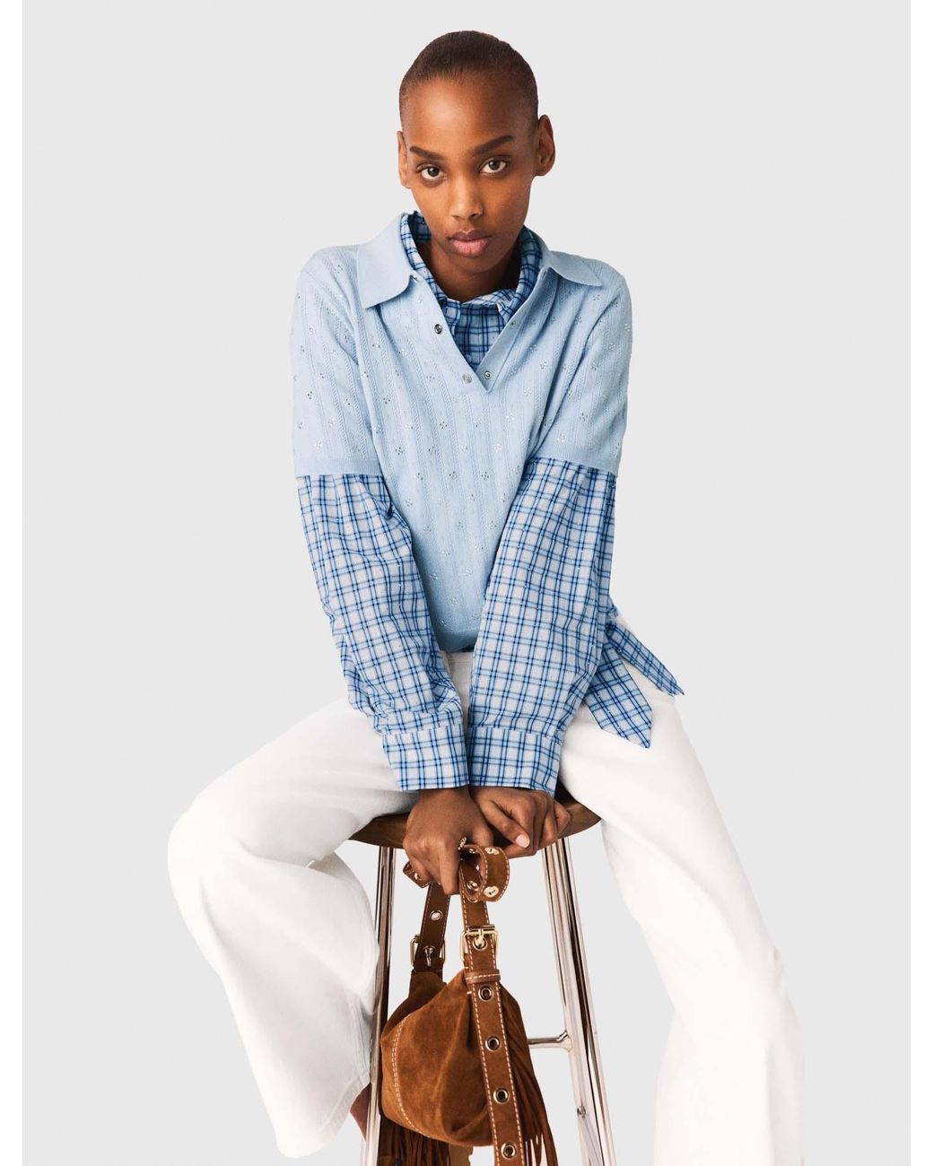 Maje Blue Cropped Jumper With Rhinestones