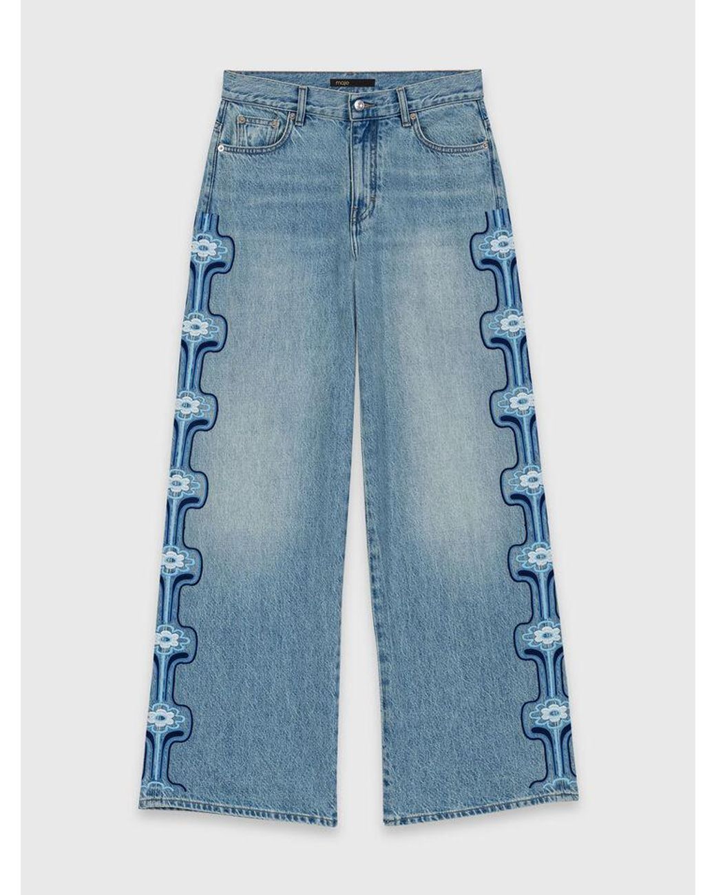 Maje Blue Floral Embroidered Wide-Leg Jeans