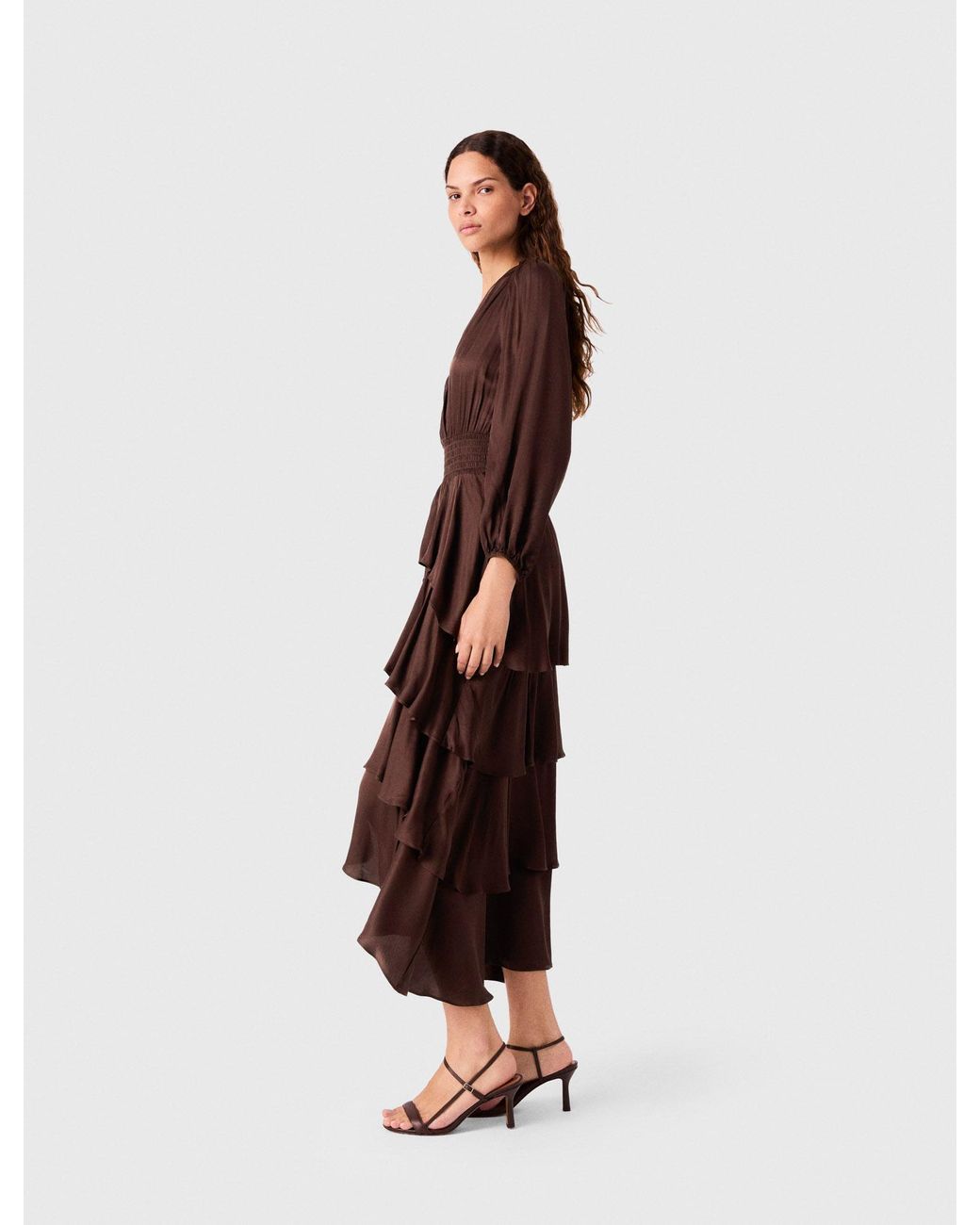 Maje Brown Flowy Ruffled Maxi Dress