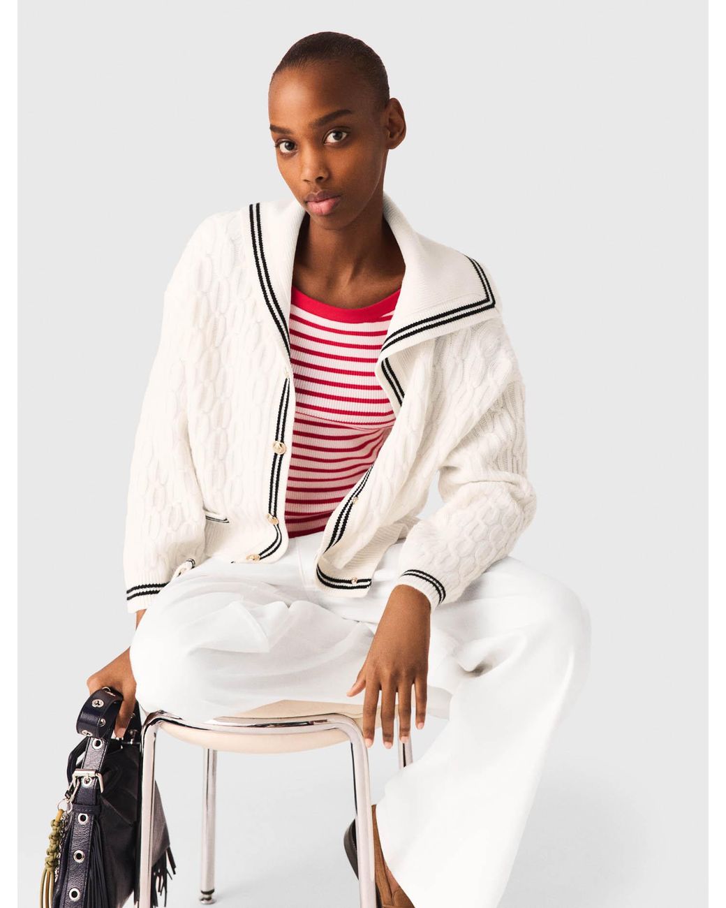 Maje White Cable-Knit Boat Neck Cardigan