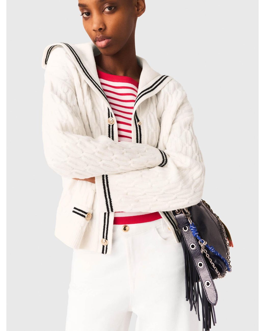 Maje White Cable-Knit Boat Neck Cardigan