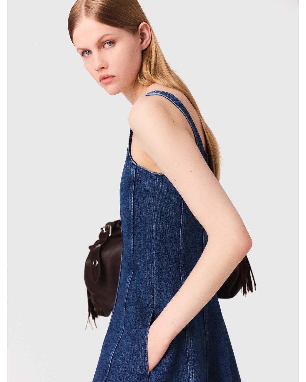 Maje Blue Long Denim Flared Dress