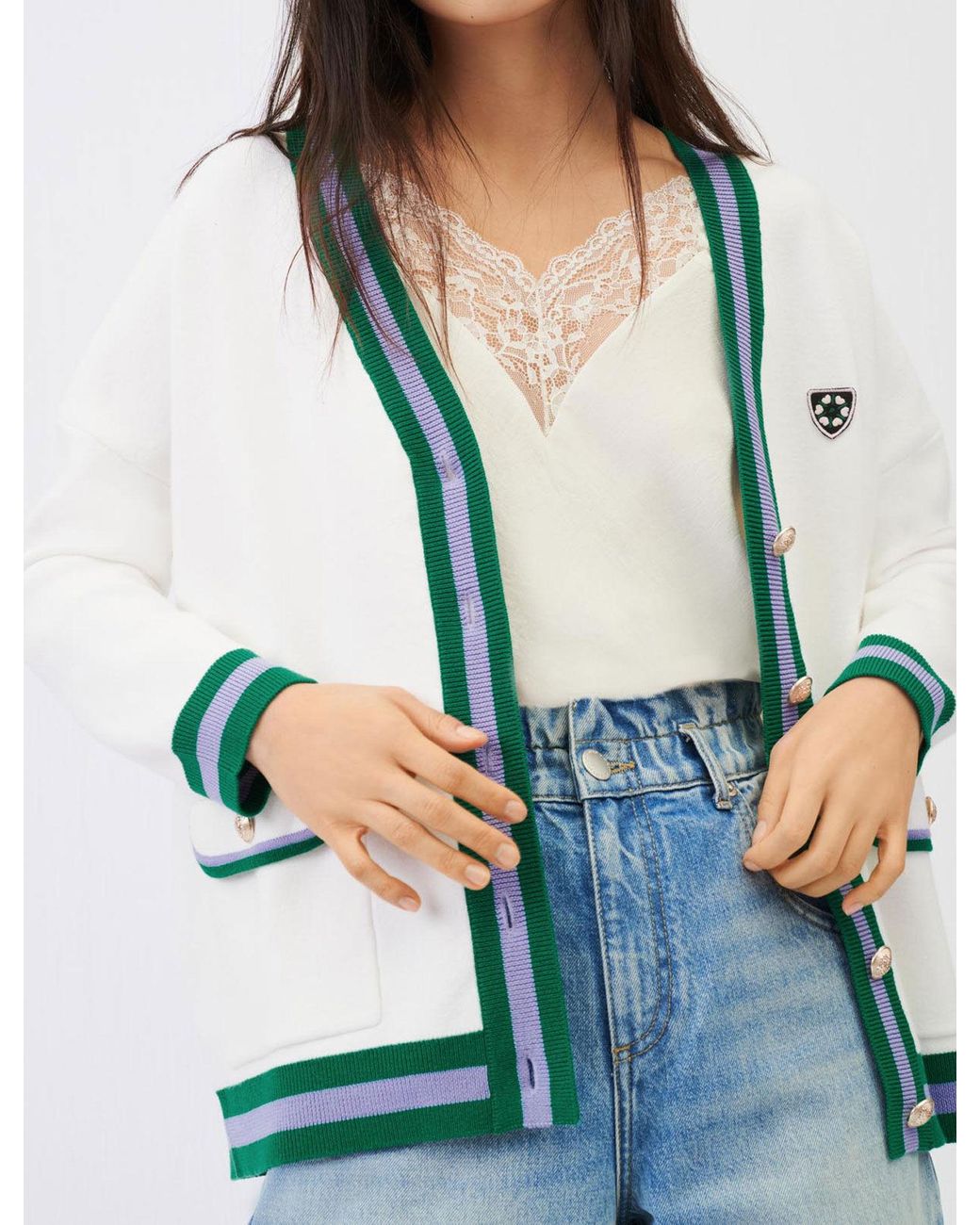 Maje Woman s Viscose Knit Cardigan With Contrasting Bands For