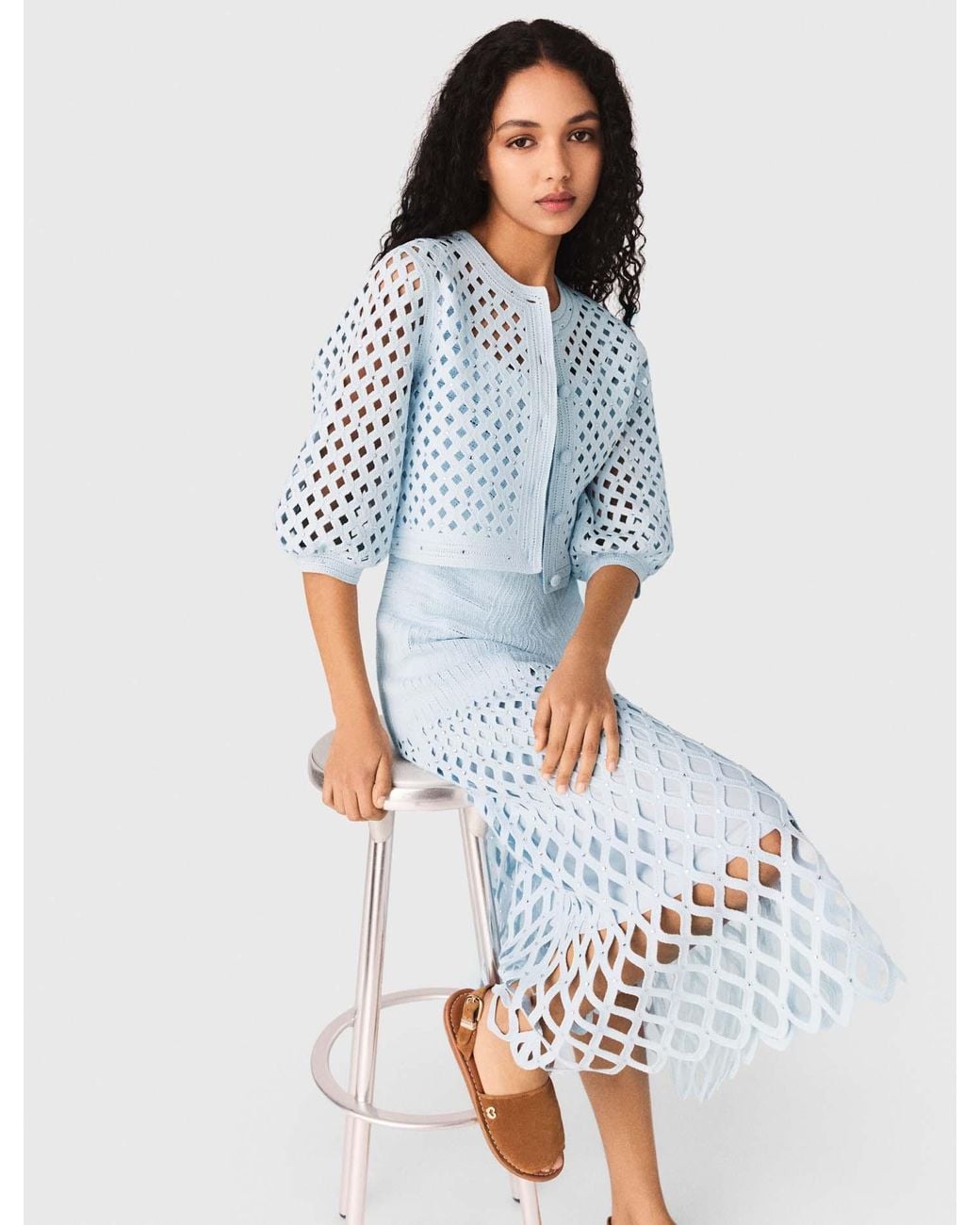 Maje Blue Rhinestone Crochet Cardigan