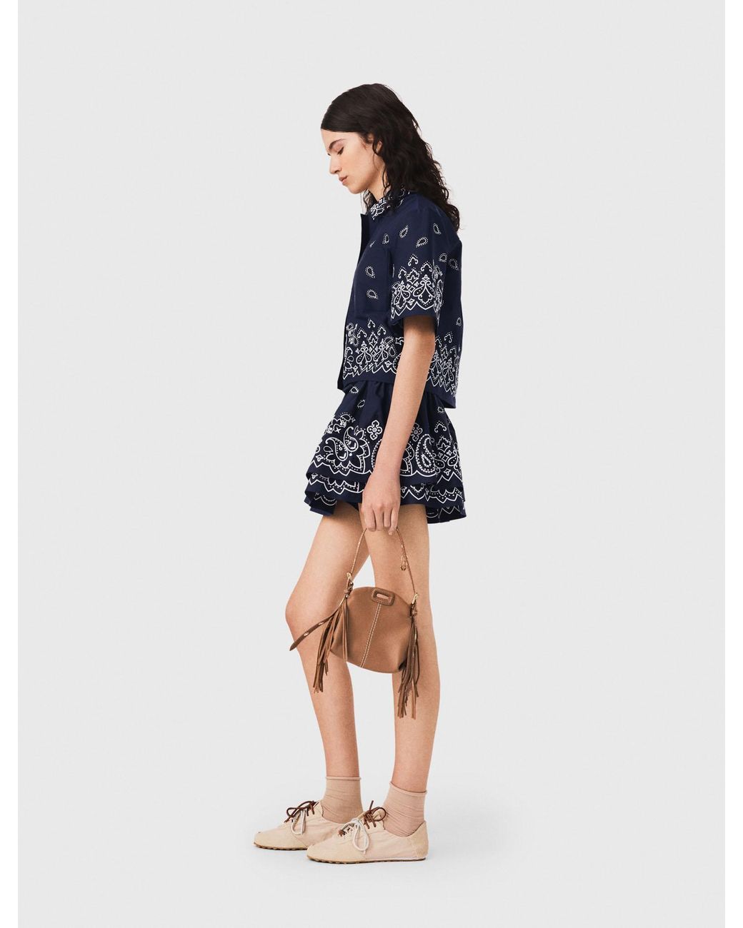 Maje Blue Cropped Embroidered Bandana Print Shirt