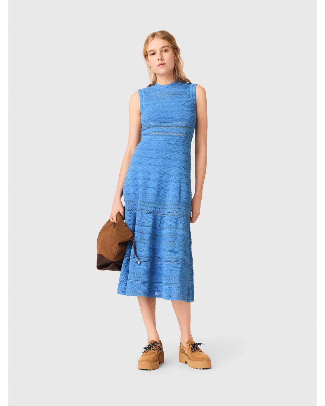 Maje Blue Pointelle Knit Maxi Dress