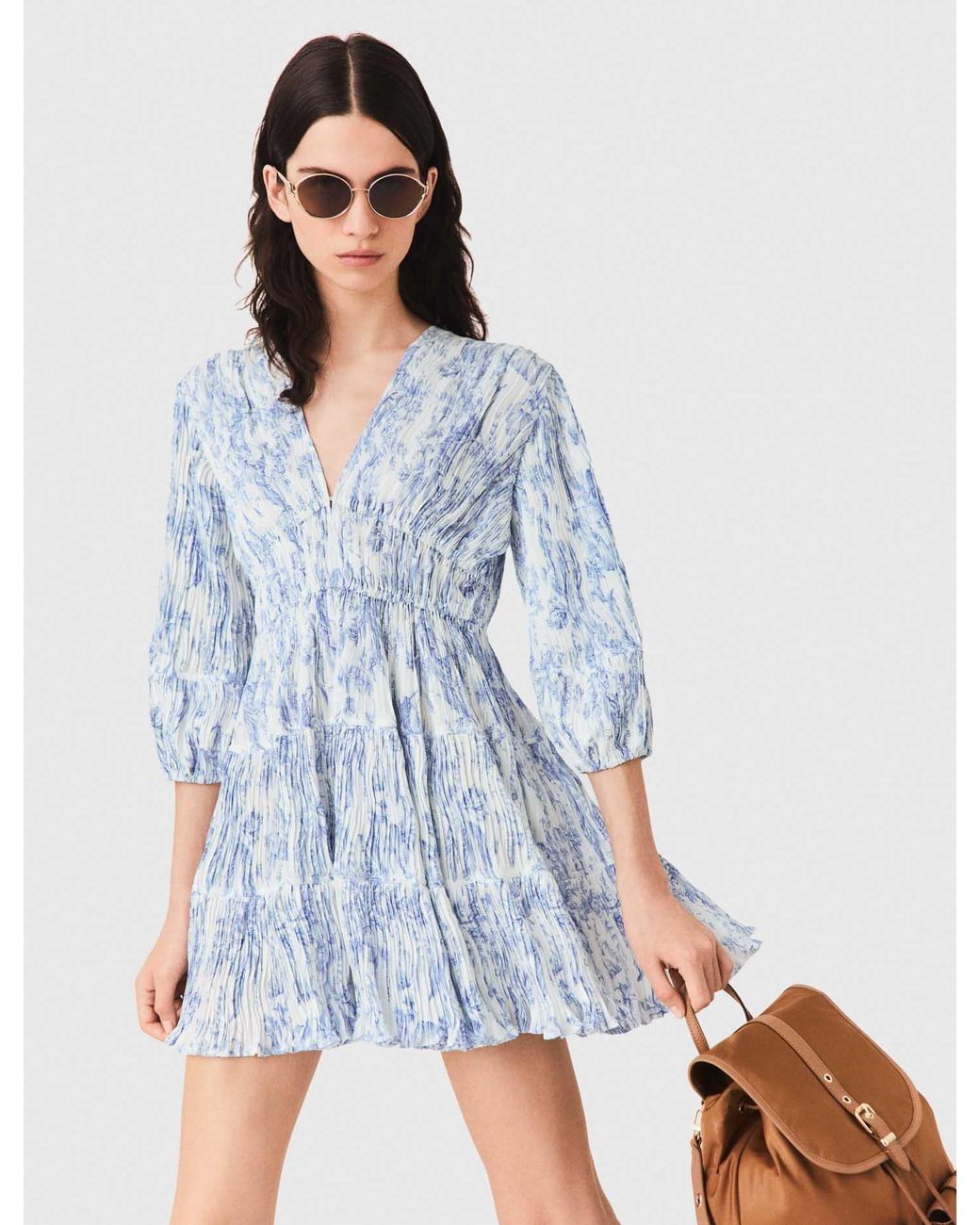 Maje Blue Patterned Pleated Dress