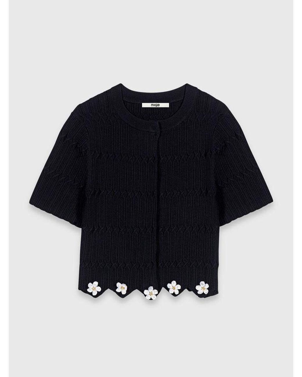 Maje Black Cardigan With Floral Jewel Details