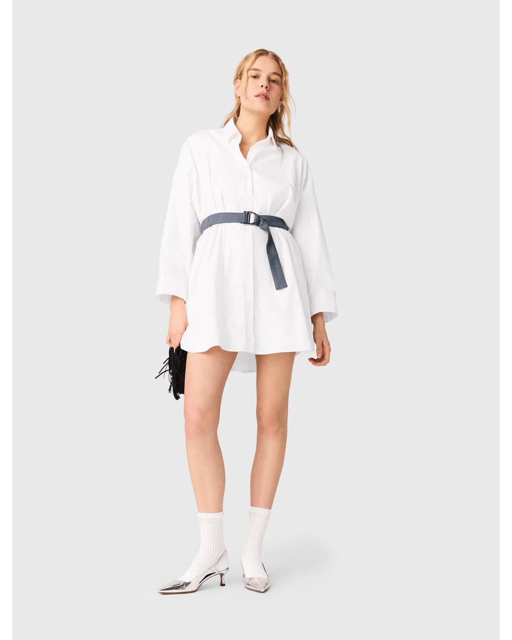 Maje White Shirt Dress With Contrast Belt