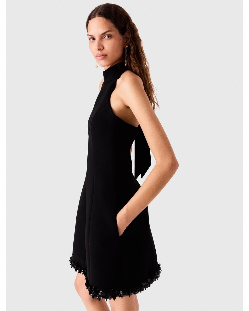 Maje Black Backless Tie-Neck Skater Dress