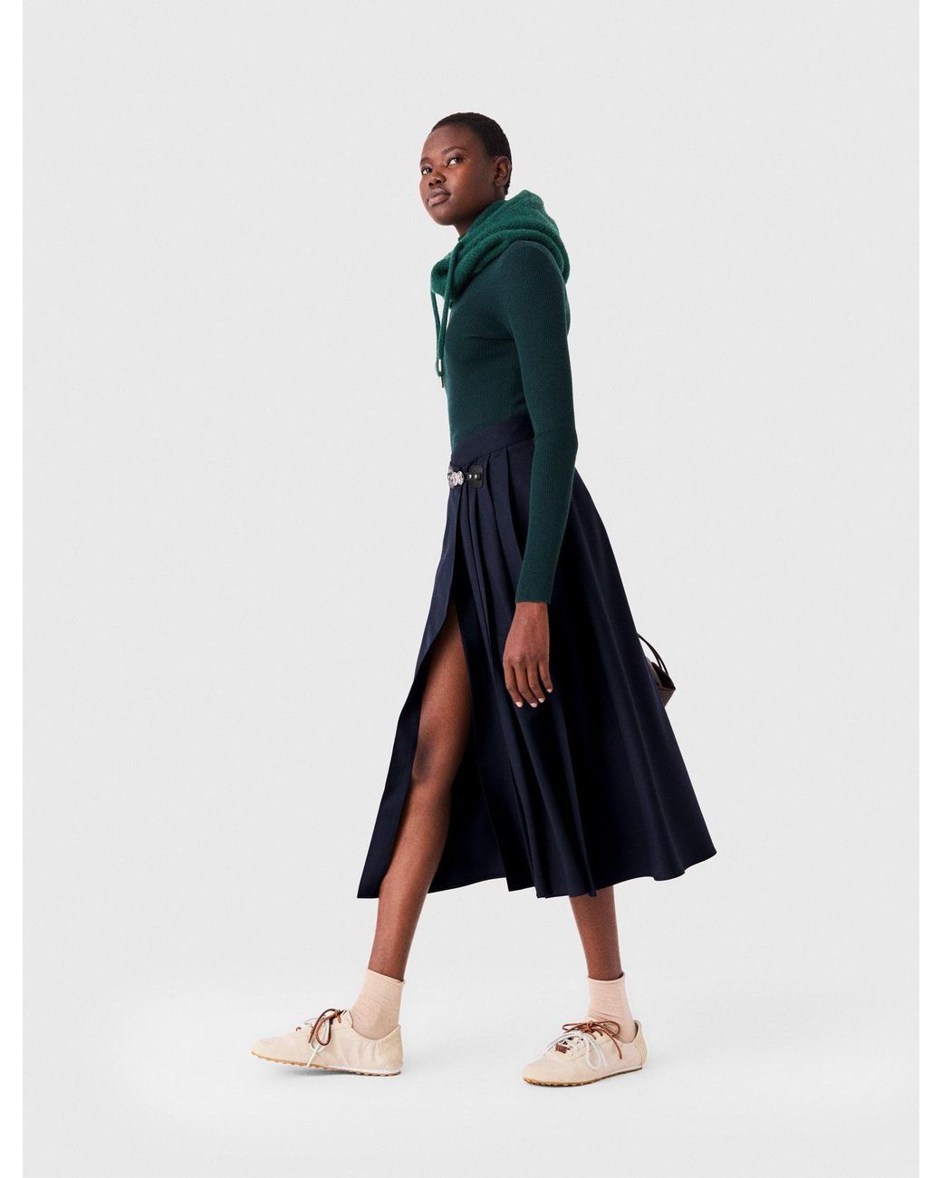 Maje Blue Long Pleated Skirt With Buckle