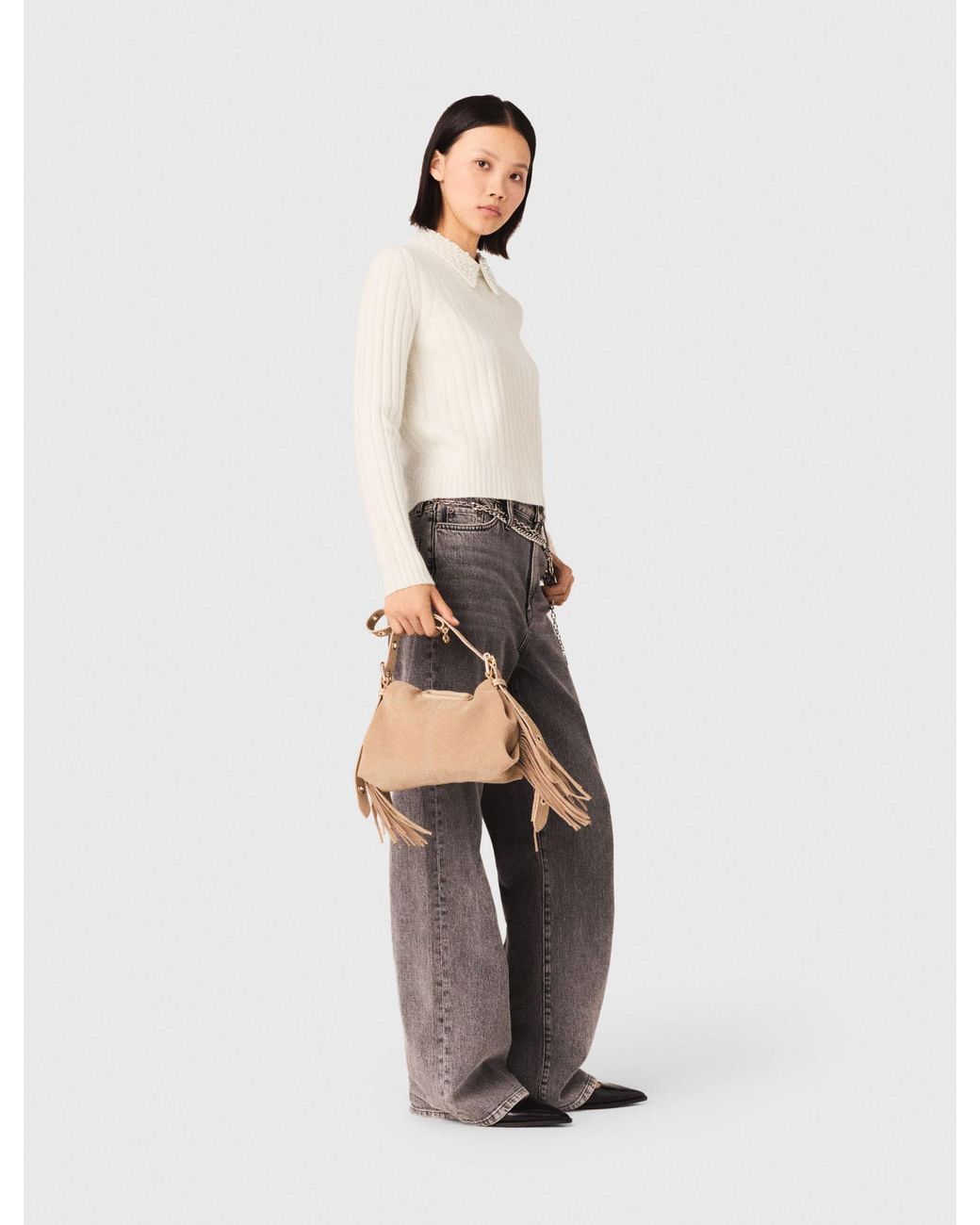 Maje White Pearl-Collar Ribbed Jumper