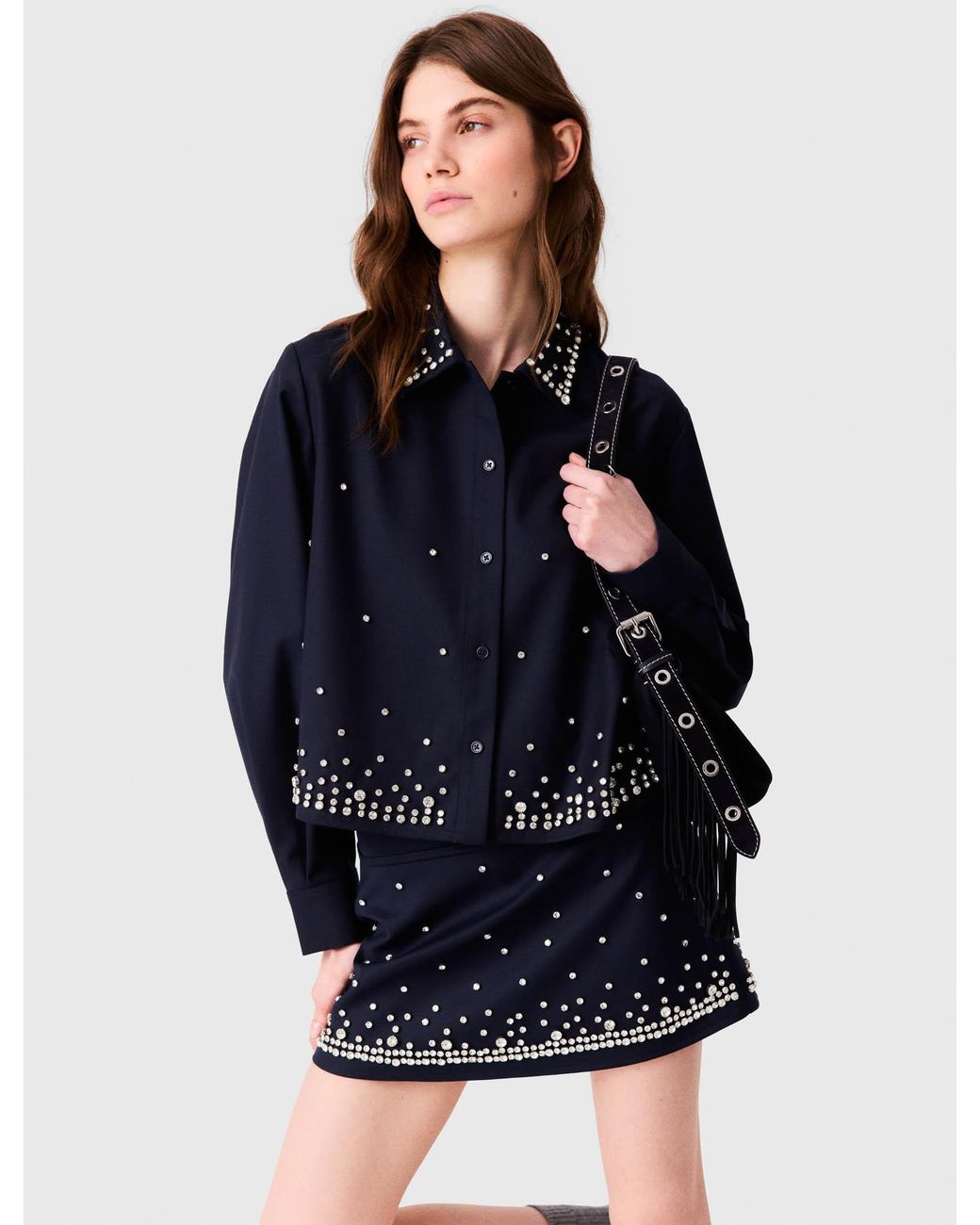 Maje Blue Short Rhinestone Embroidered Shirt