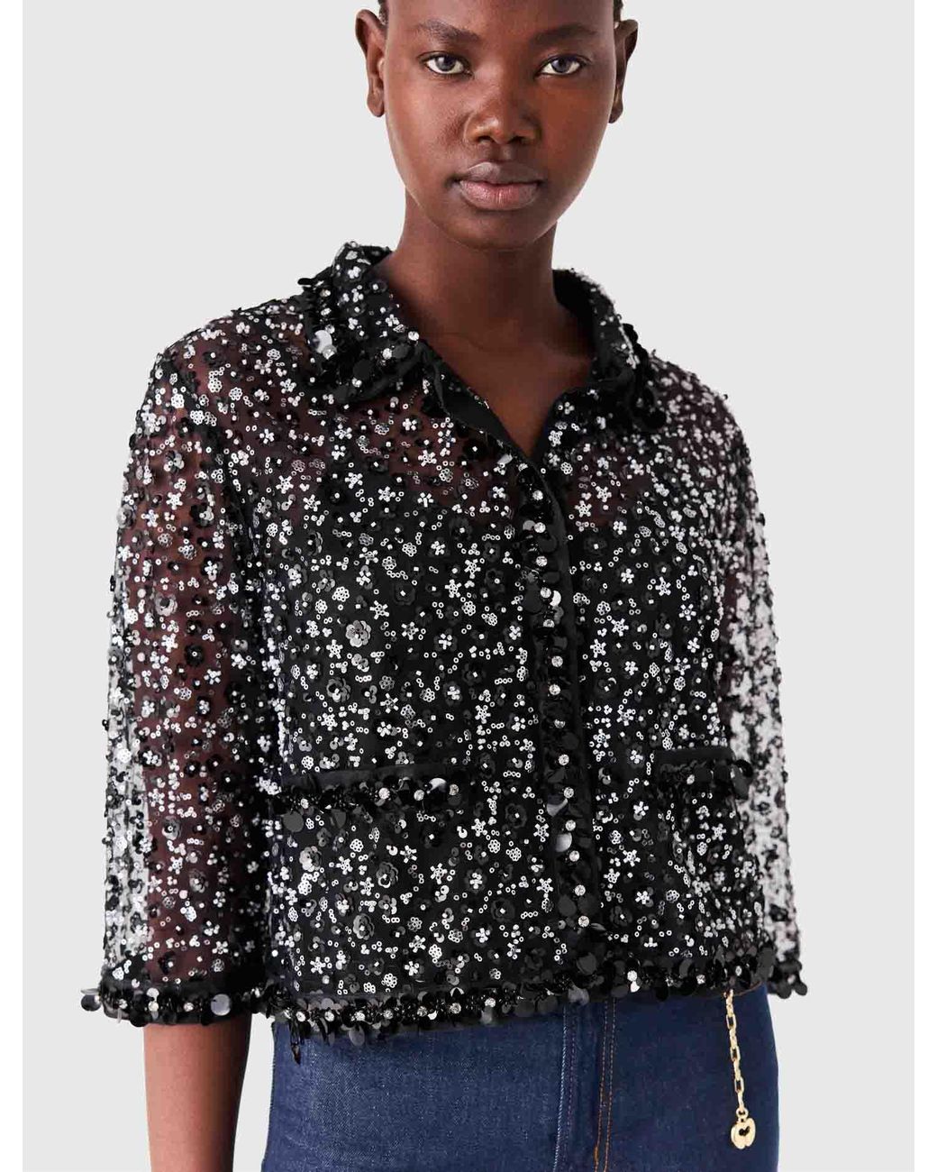 Maje Blue Floral Rhinestone Polo