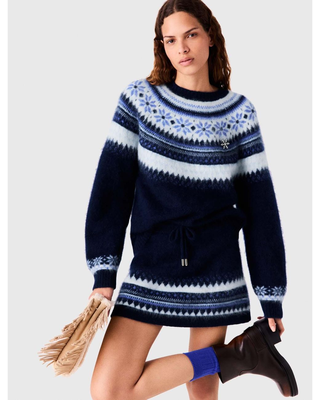Maje Blue Short Jacquard Knit Skirt