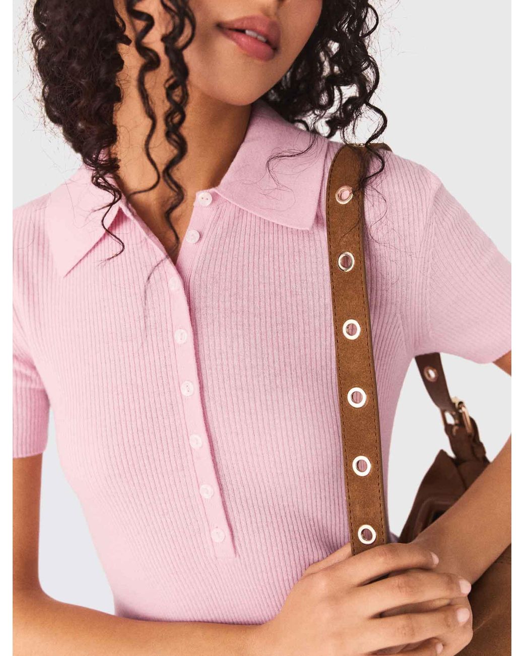 Maje Pink Polo Collar Ribbed Sweater