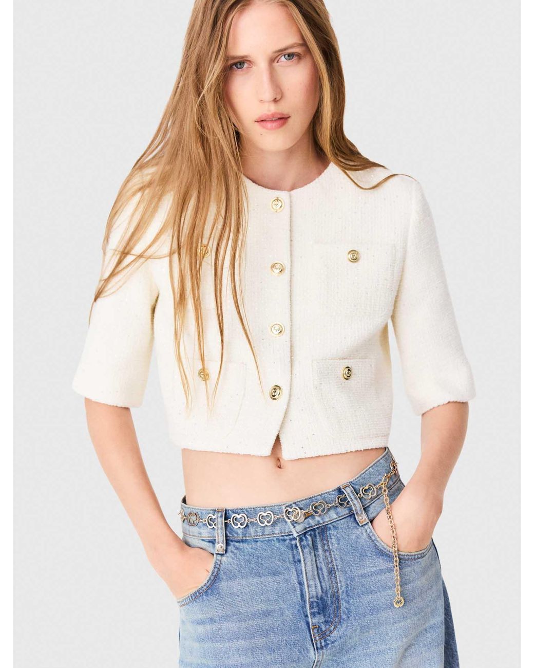 Maje Blue Short-Sleeved Tweed Jacket