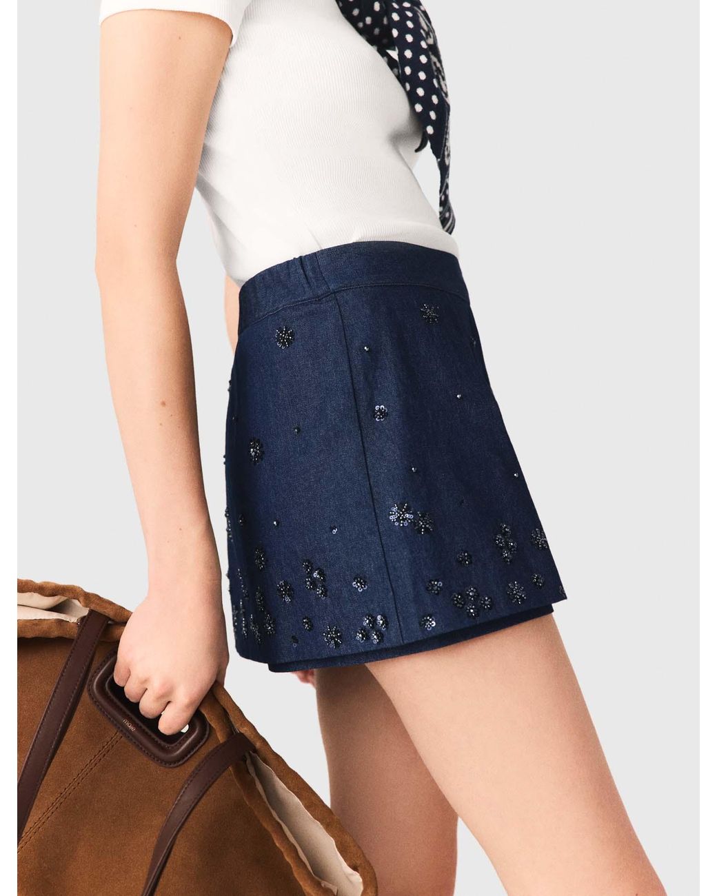 Maje Blue Embroidered Layered Denim Shorts