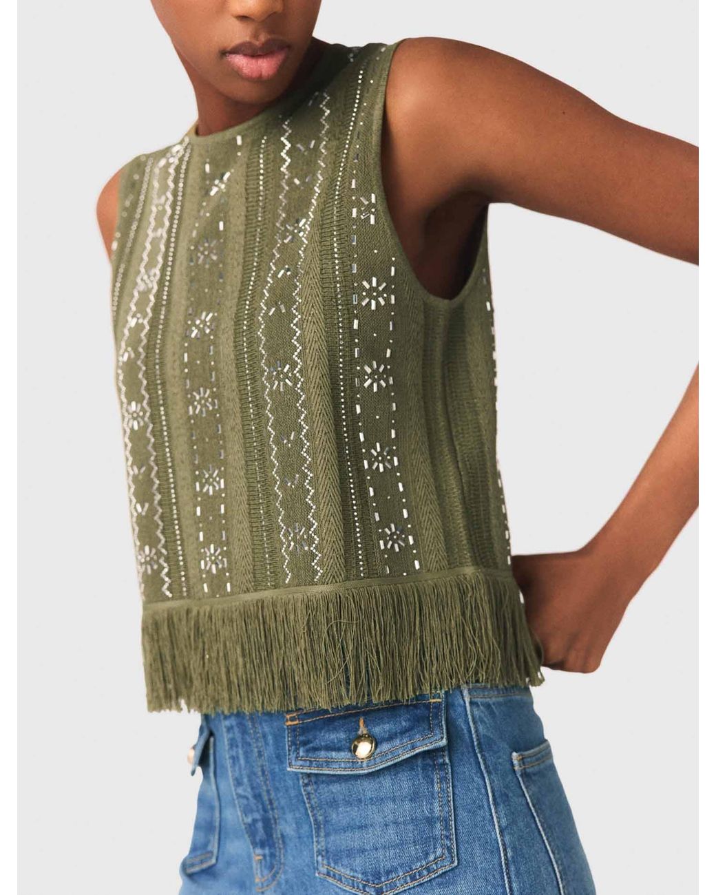 Maje Blue Fringed Rhinestone Flower Top