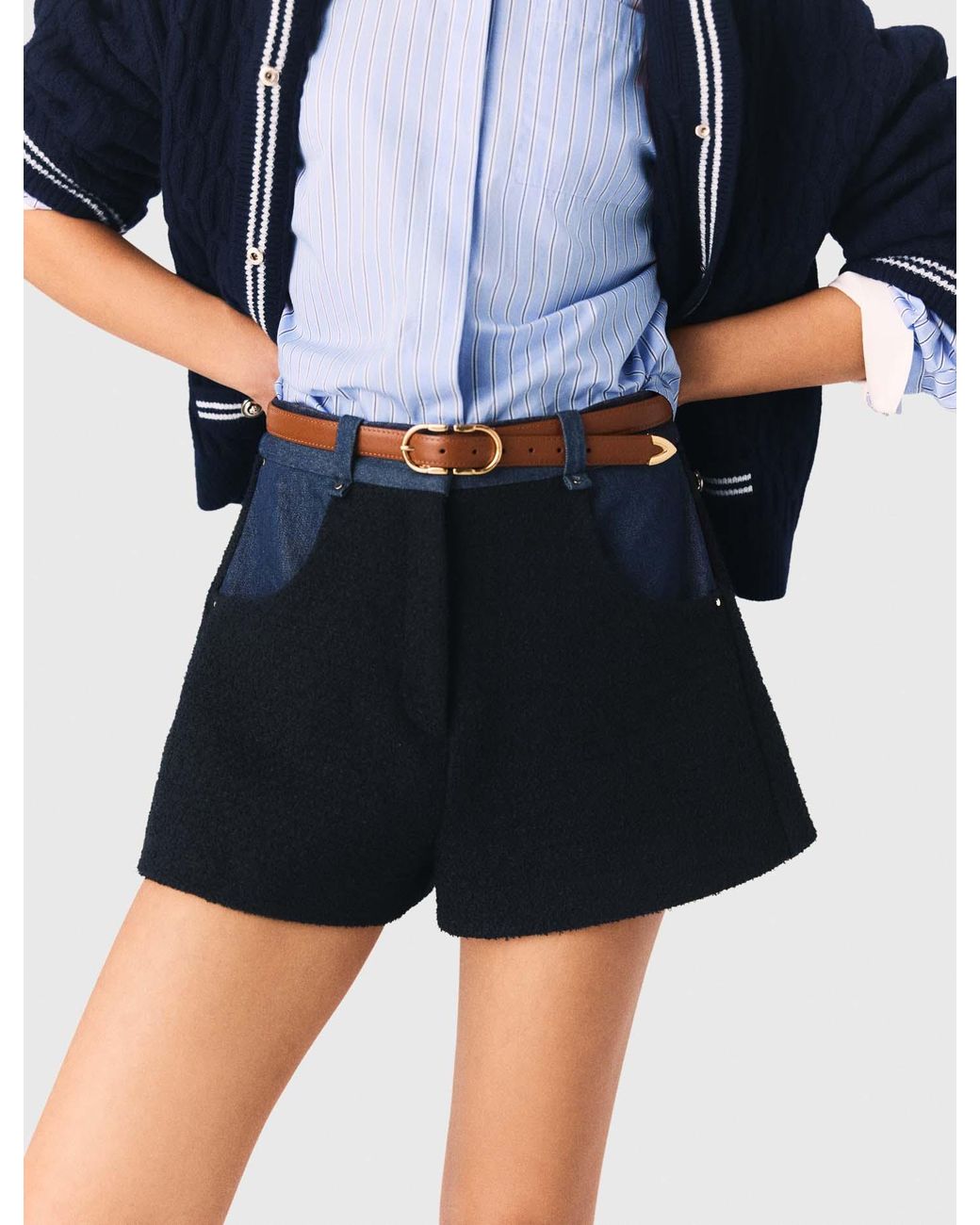 Maje Blue Tweed Shorts With Denim Details