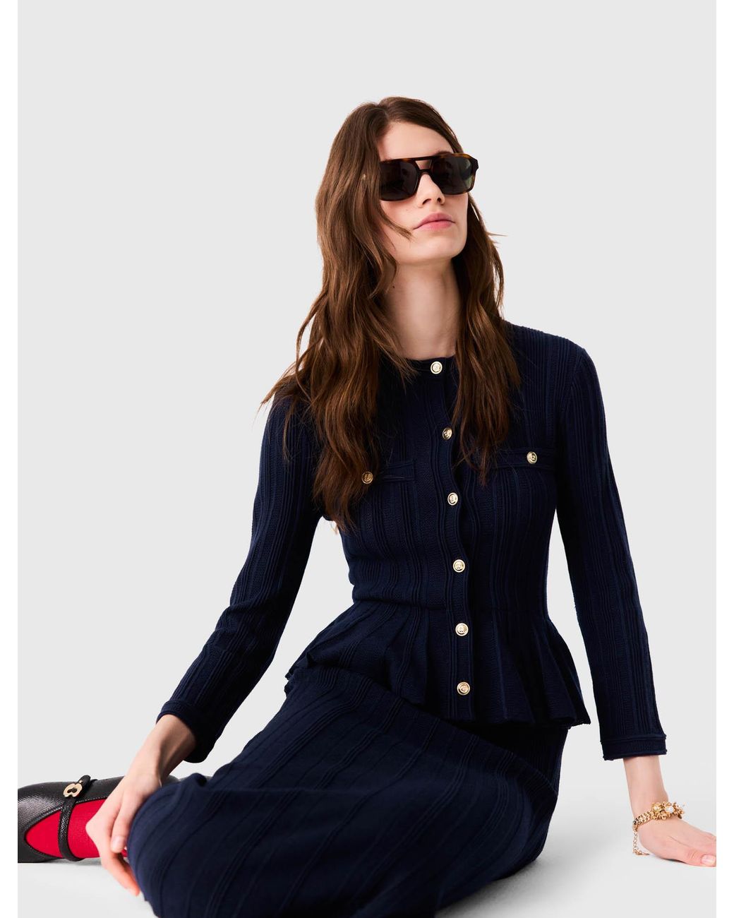 Maje Blue Knit Dress With Peplum Waist