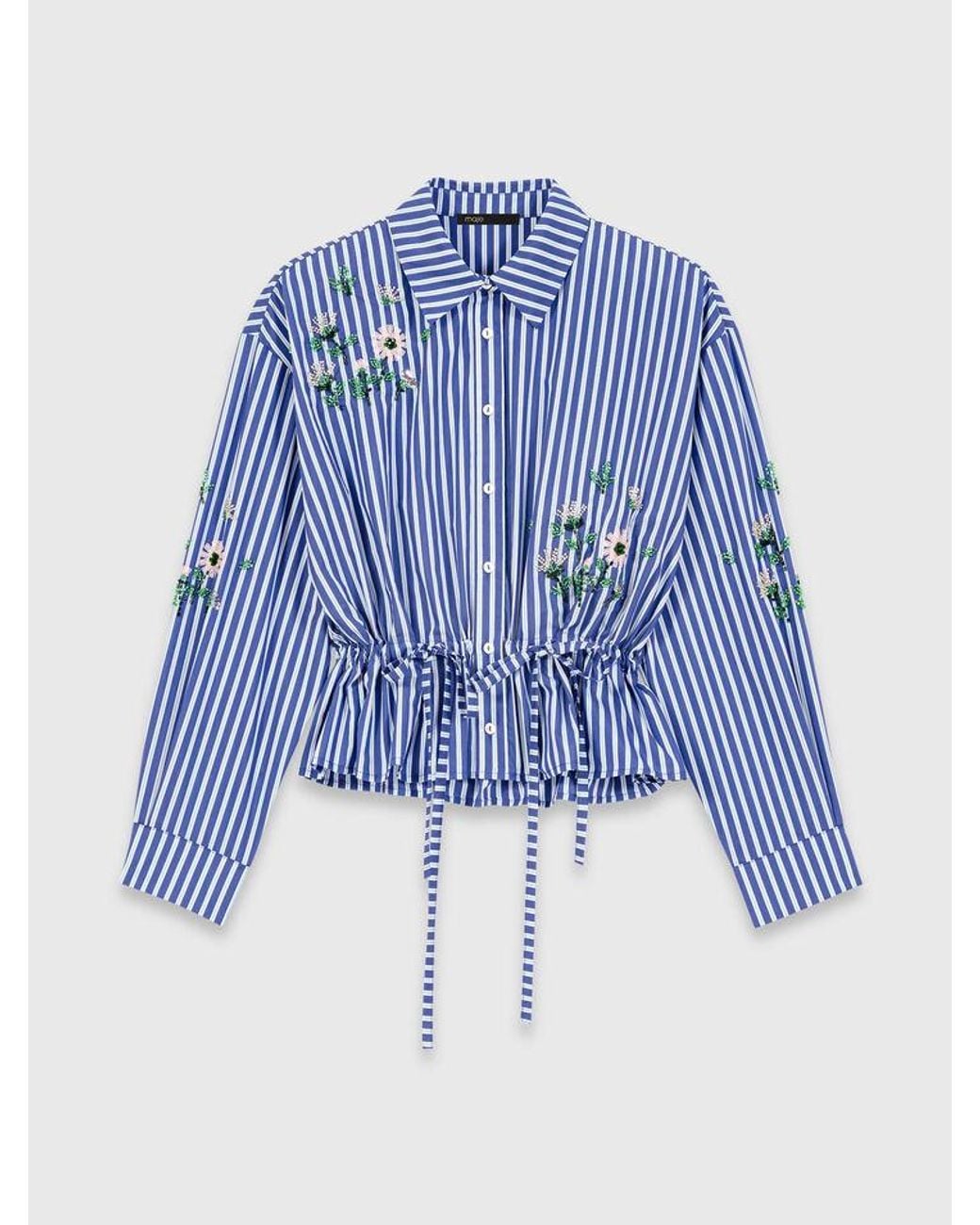 Maje Blue Cropped Embroidered Striped Shirt