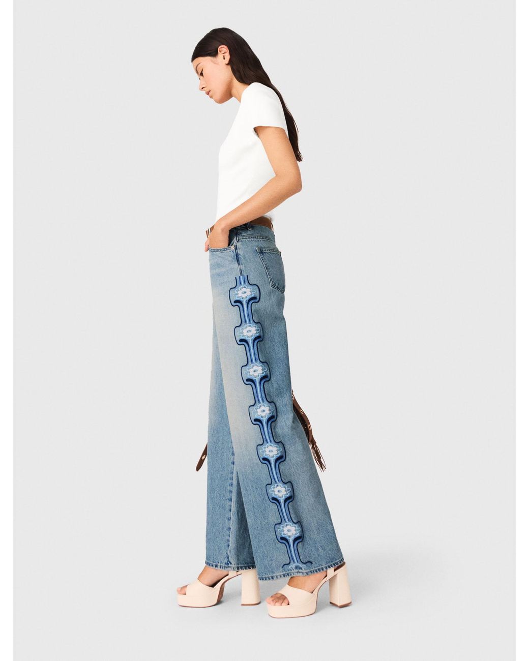 Maje Blue Floral Embroidered Wide-Leg Jeans
