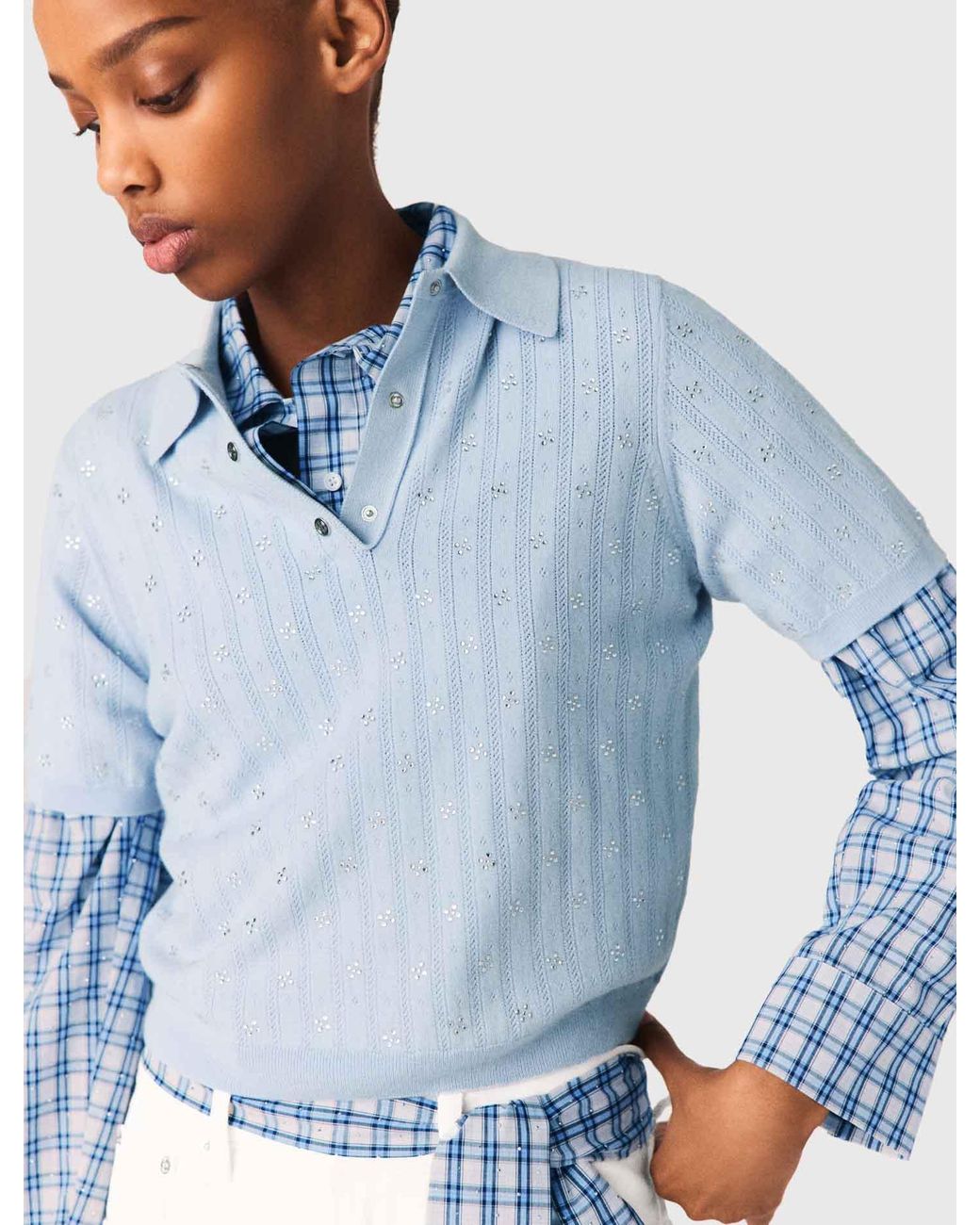 Maje Blue Cropped Jumper With Rhinestones
