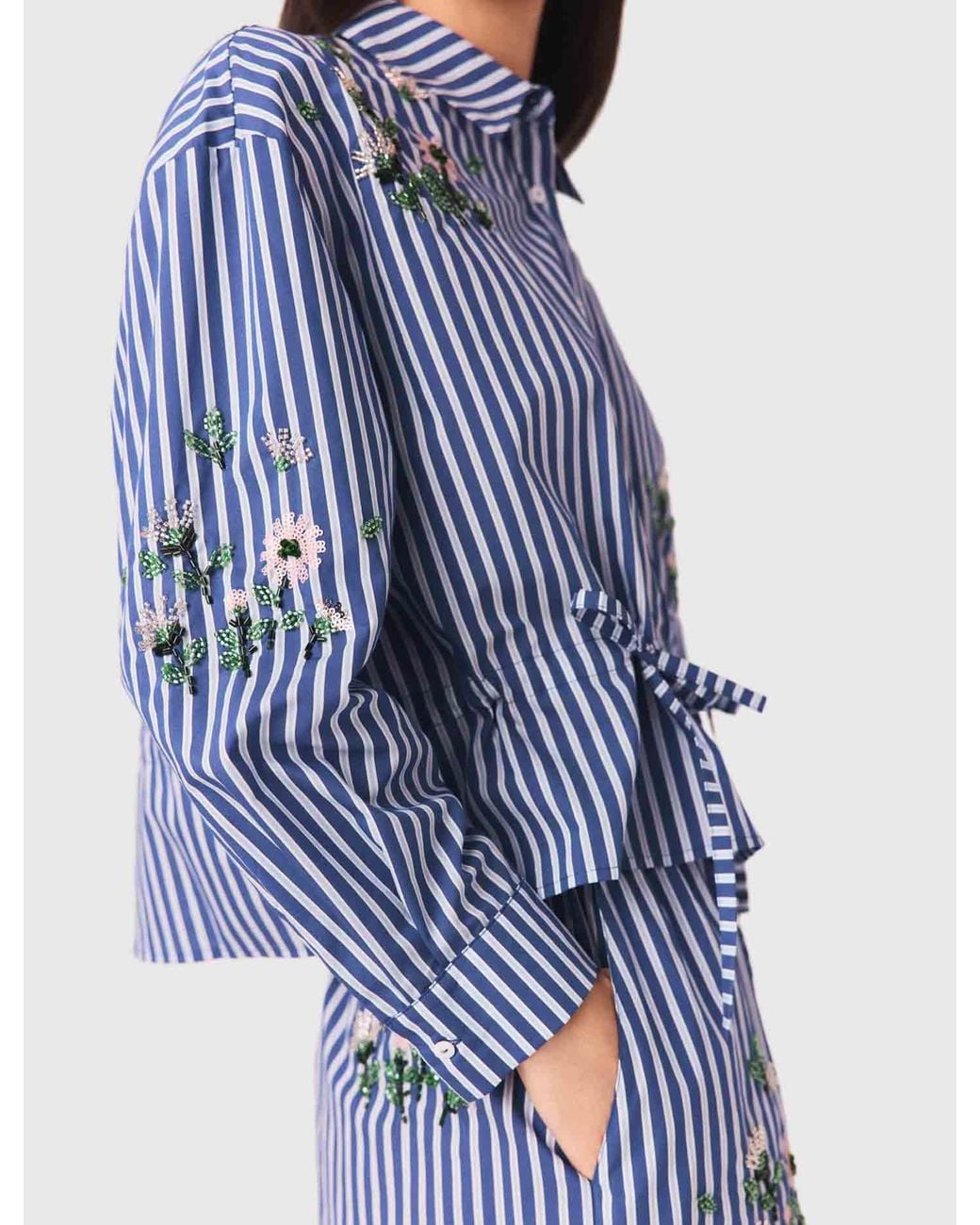 Maje Blue Cropped Embroidered Striped Shirt
