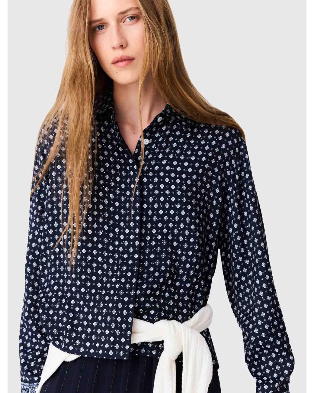 Maje Blue Patterned Rhinestone Shirt
