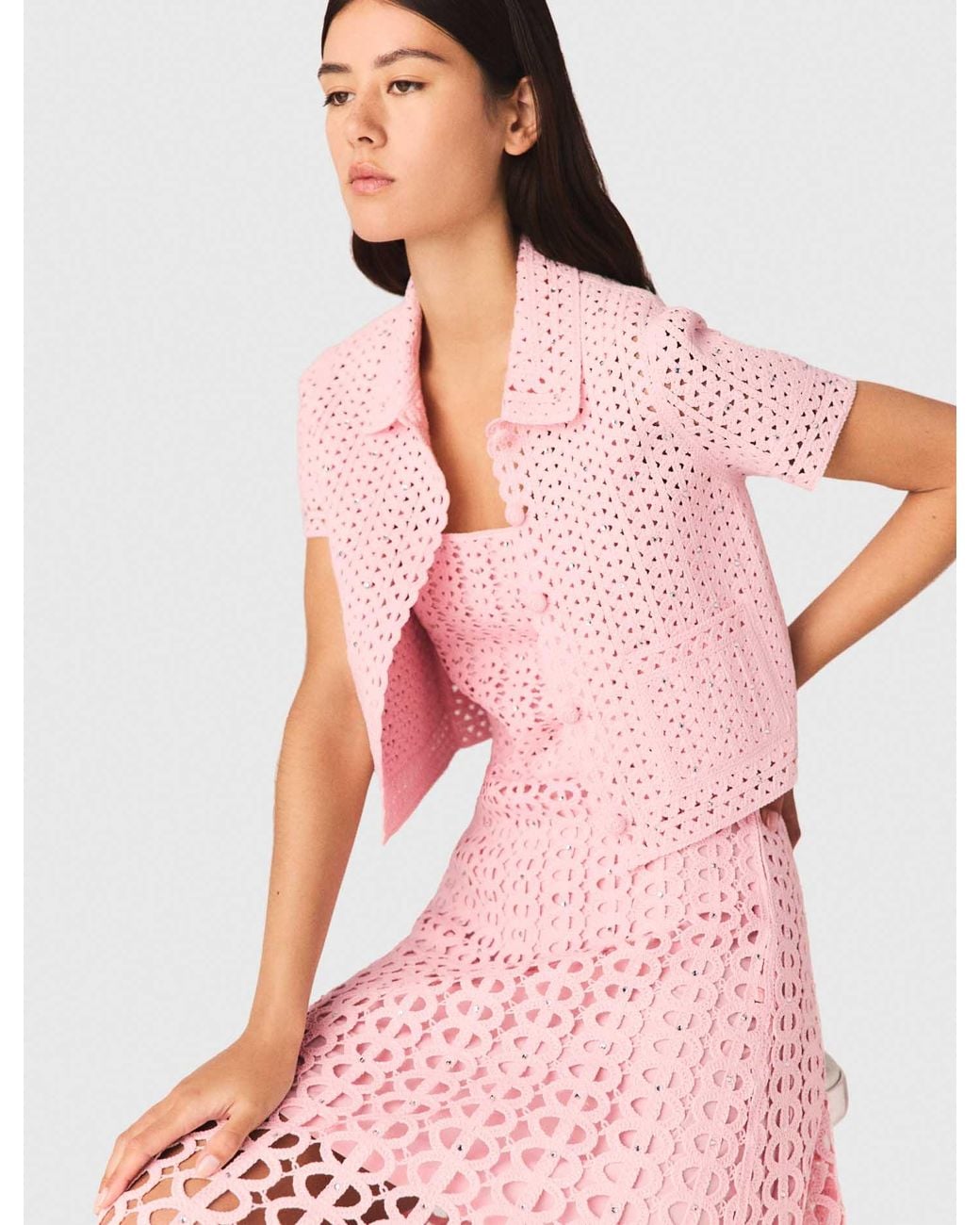 Maje Pink Rhinestone Crochet Cardigan