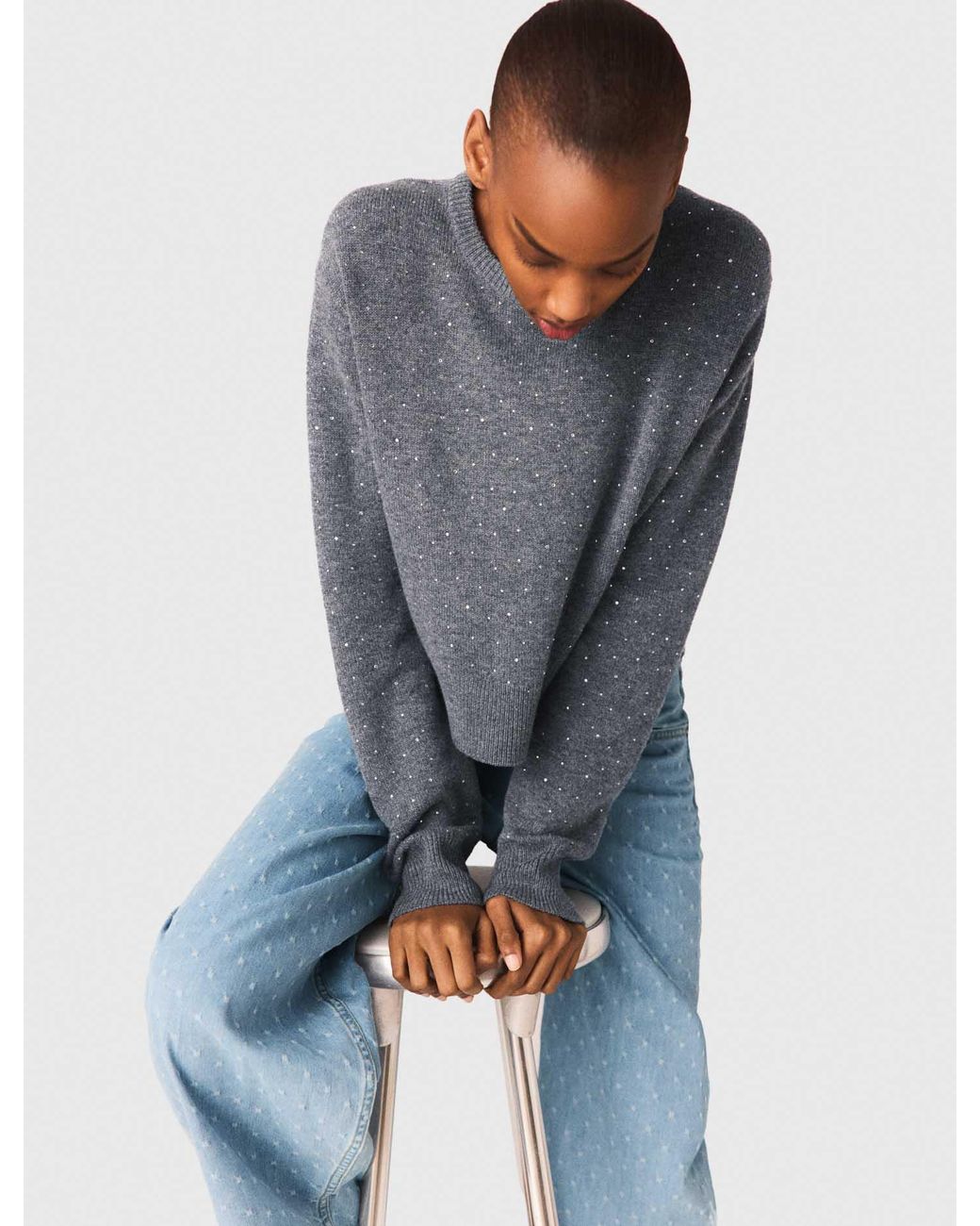 Maje Blue Removable Rhinestone Trim Jumper