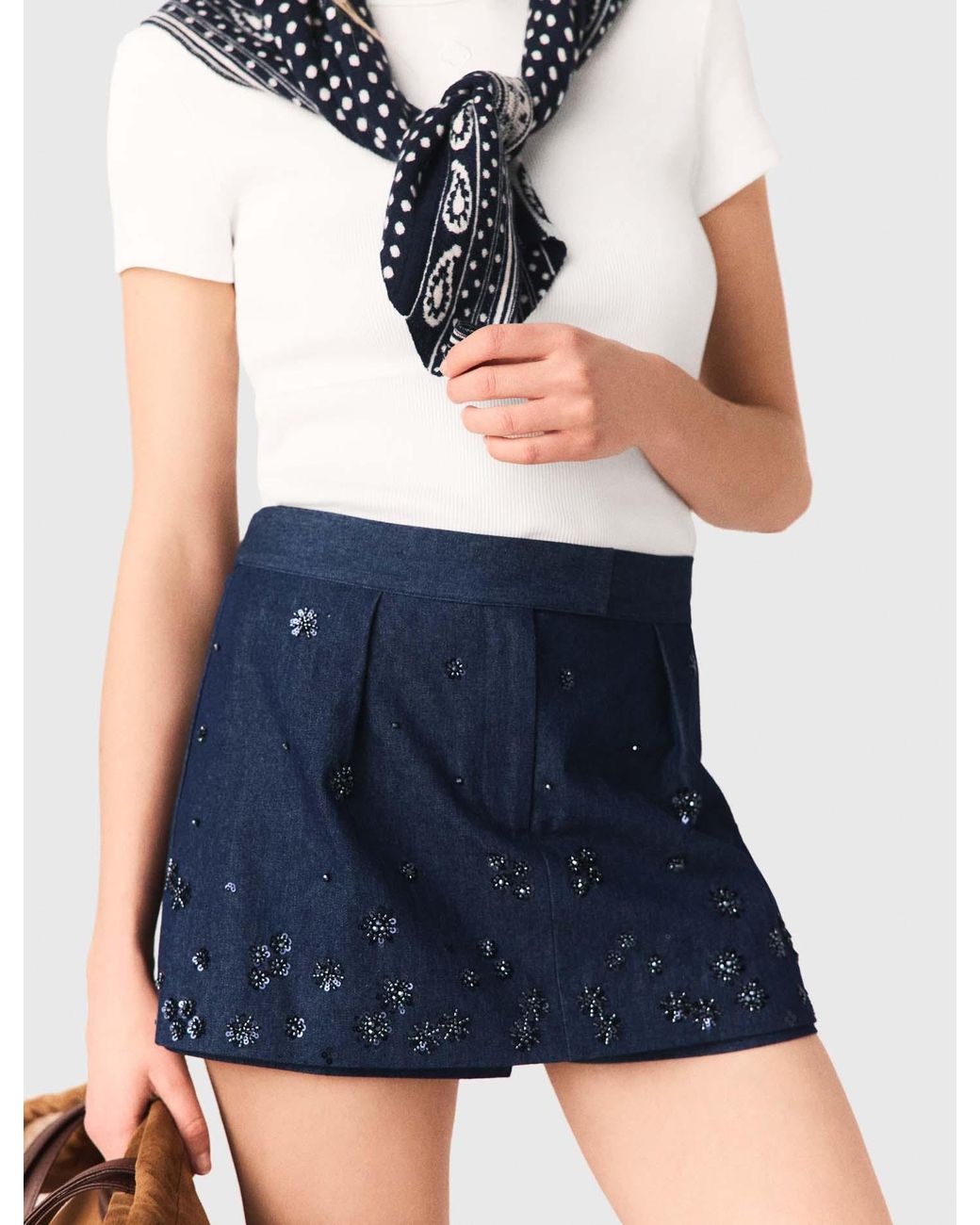 Maje Blue Embroidered Layered Denim Shorts