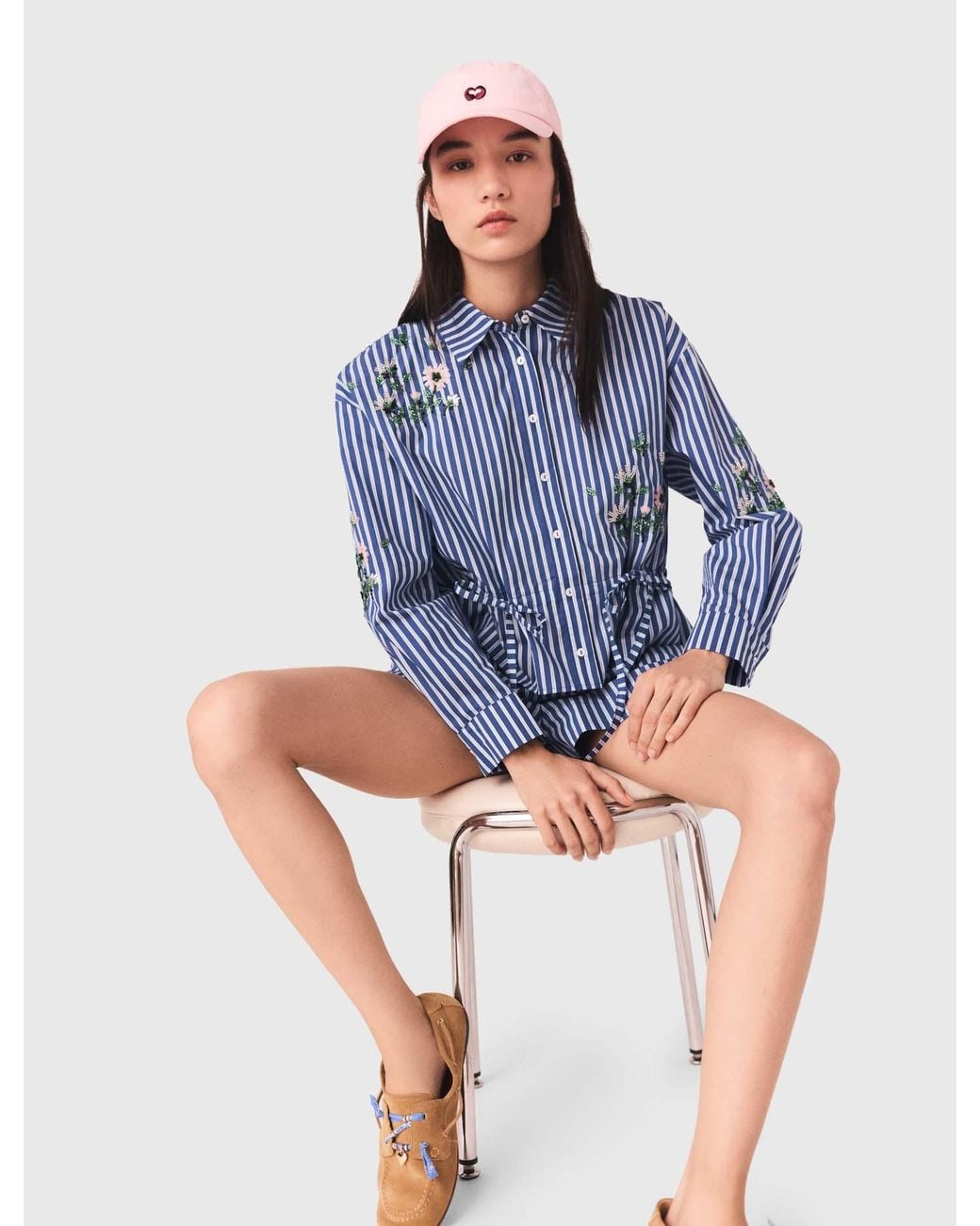 Maje Blue Cropped Embroidered Striped Shirt